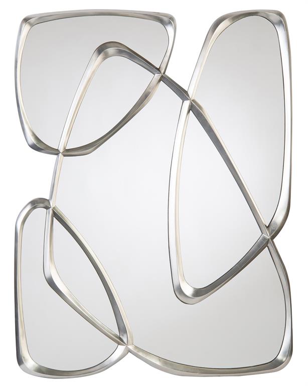 Zeta Mirror in Pewter featuring an elegant organic-shaped frame surrounding a modern reflective surface.