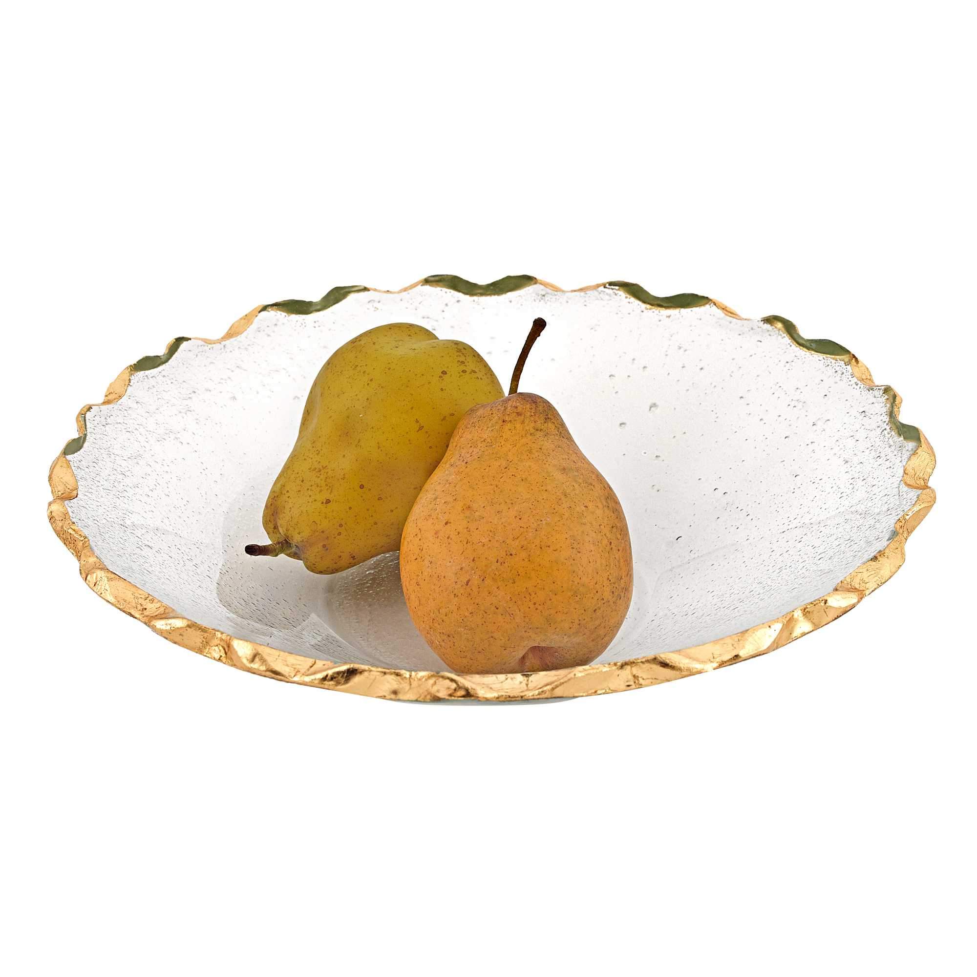 An elegant 11-inch glass salad bowl with a straight-sided design and a stunning gold metallic edge, perfect for serving fruits and salads.