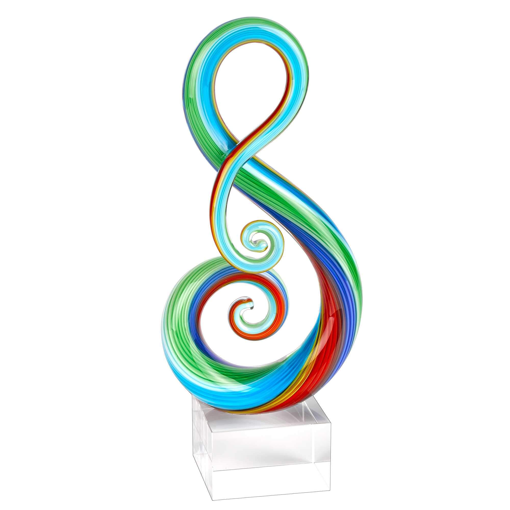 An 11-inch multi-color art glass clef centerpiece elegantly displayed on a crystal base, showcasing vibrant colors and artistic design.