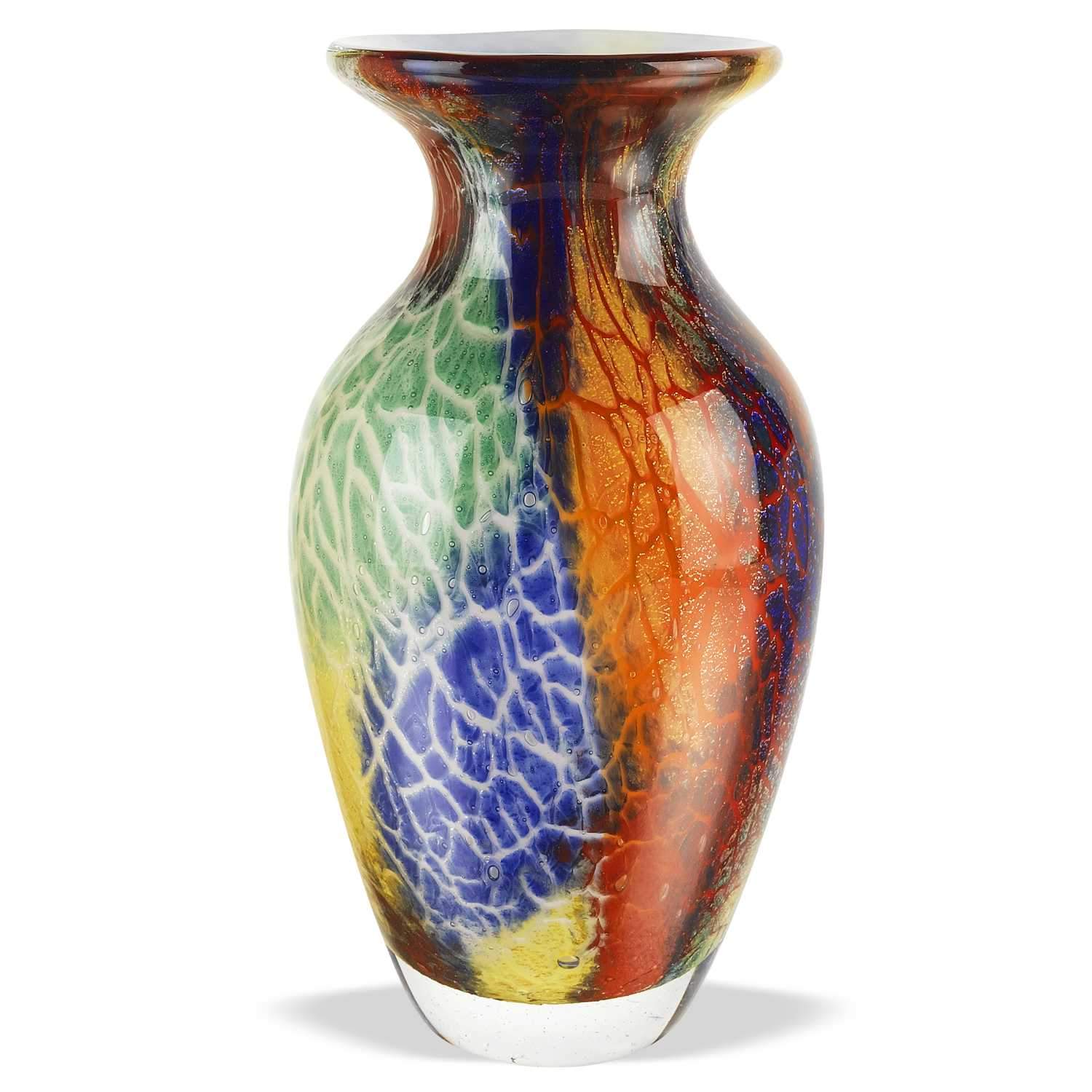 An elegant 11-inch multi-color art glass vase showcasing vibrant hues and a unique design, perfect for floral arrangements.