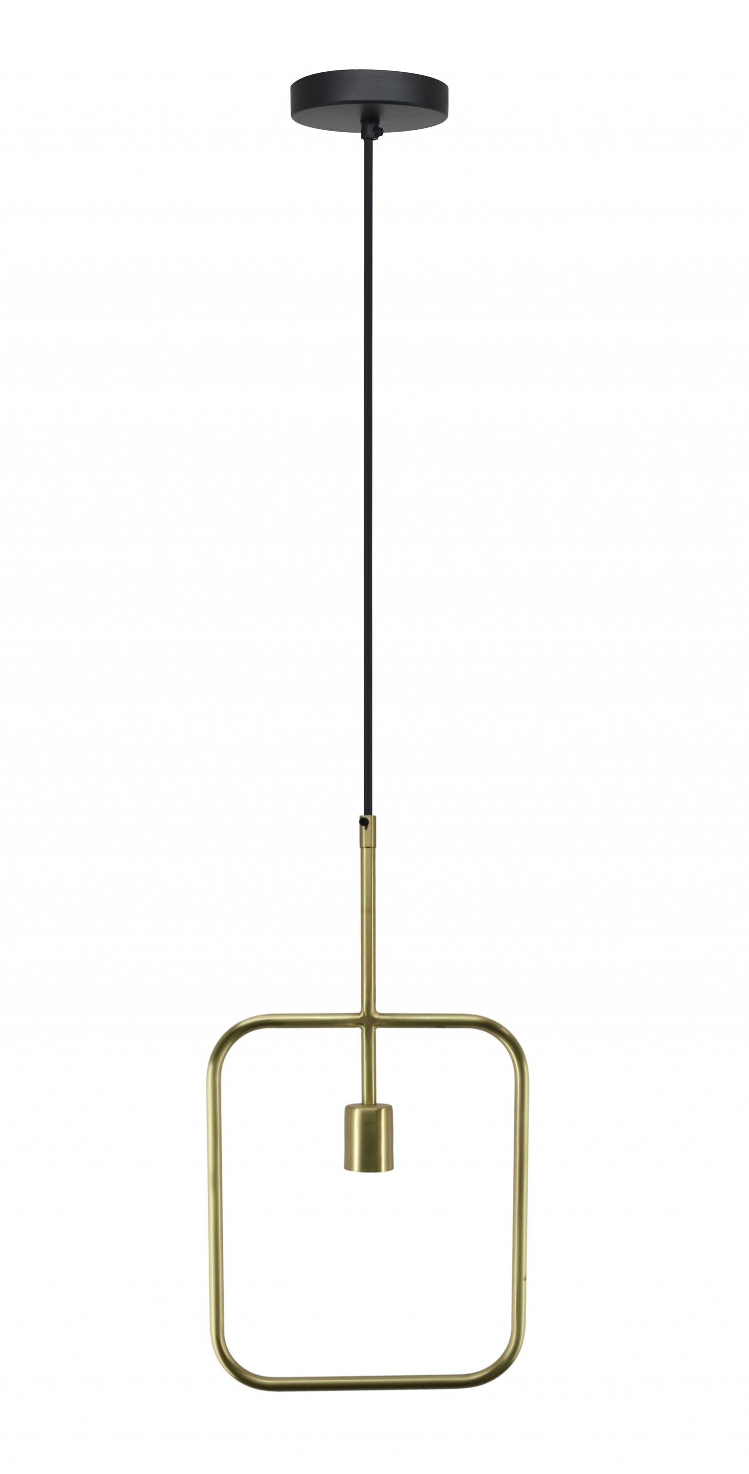 A sleek 11" X 2" X 19" matte brass iron pendant lamp hanging elegantly, showcasing its cylindrical shade and modern design.