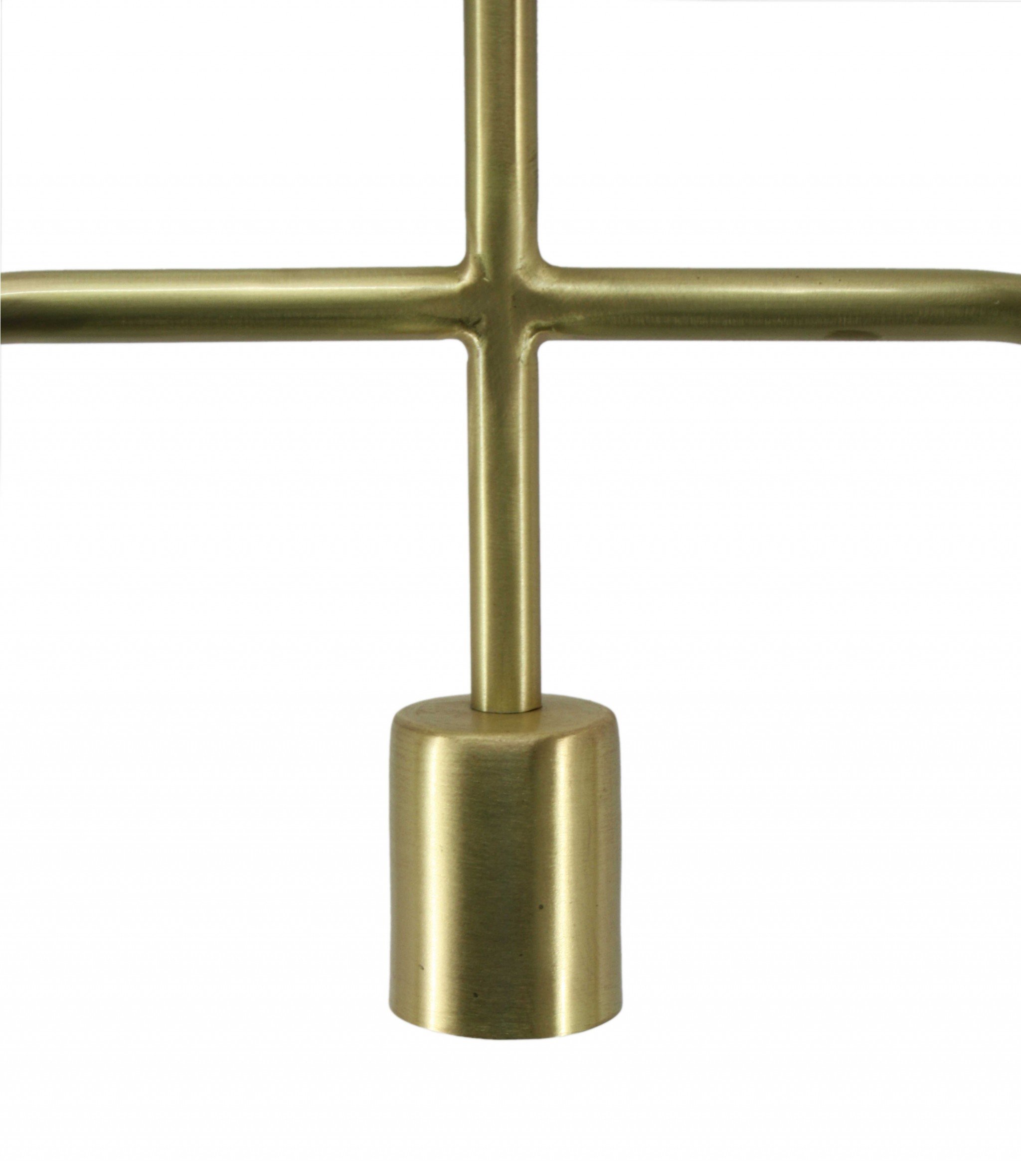 A sleek 11" X 2" X 19" matte brass iron pendant lamp hanging elegantly, showcasing its cylindrical shade and modern design.