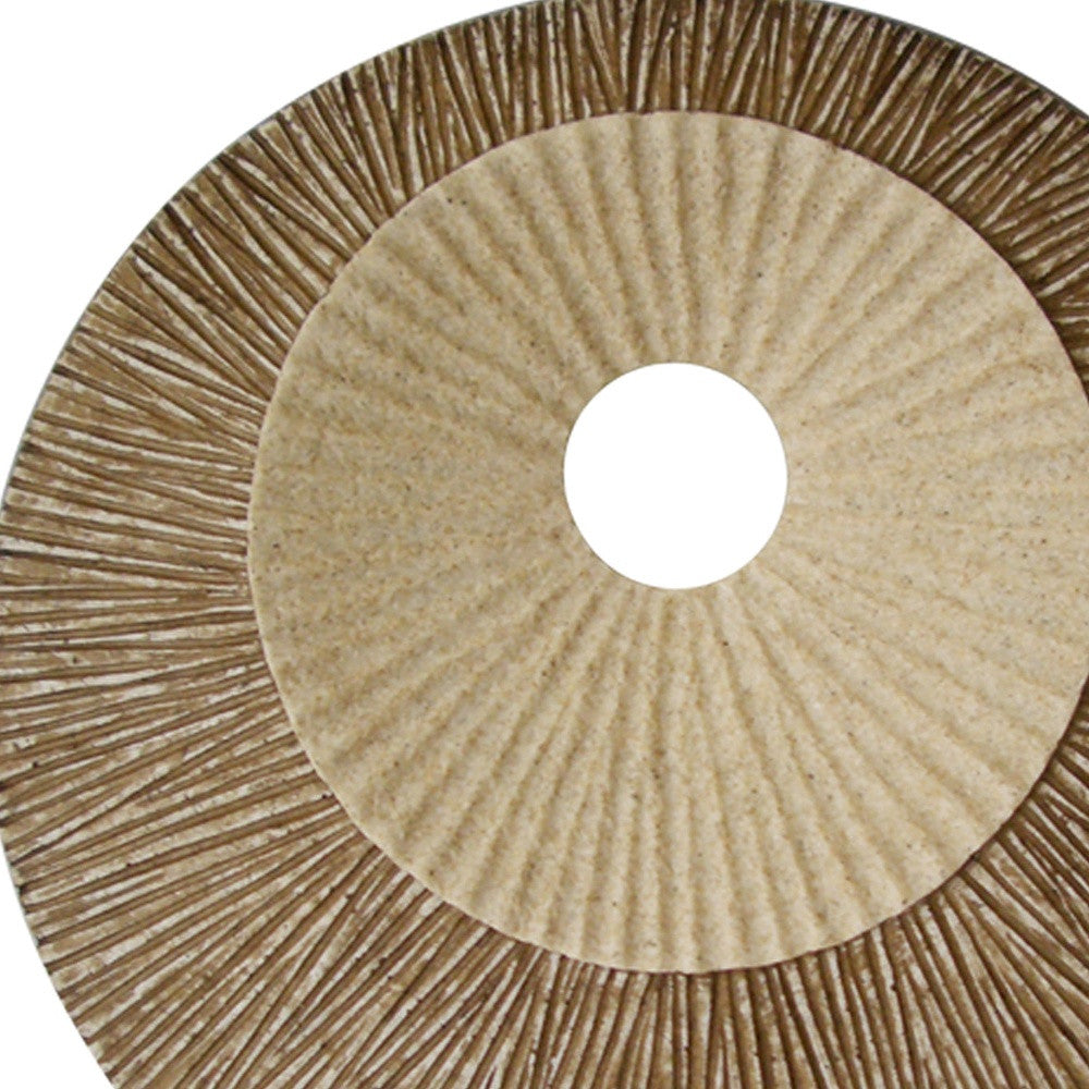 A stylish 1 x 26 x 26 brown round double layer ribbed wall plaque with a sand color finish, showcasing a modern spiral design.