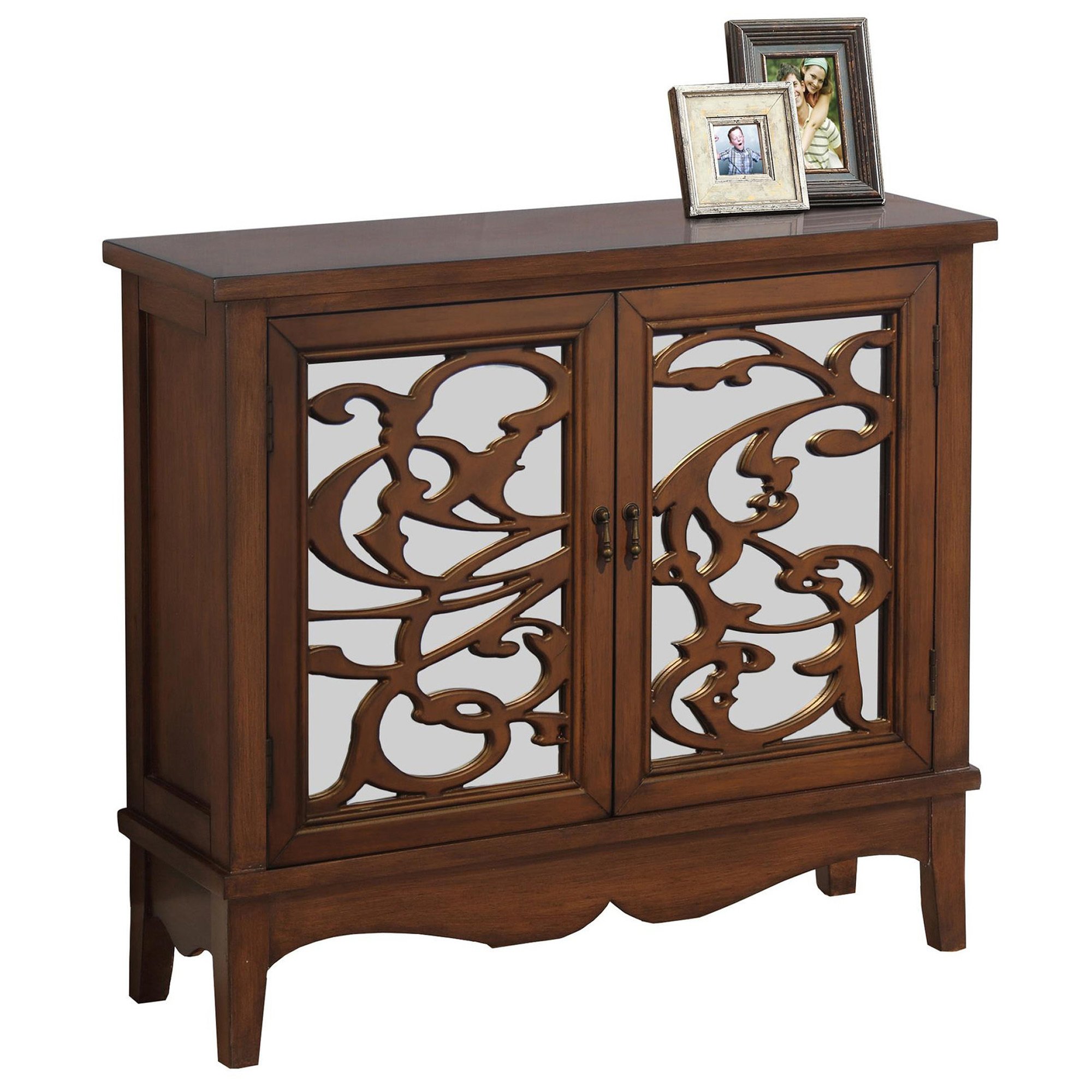 Walnut accent chest with mirrored glass, featuring a drawer and cubby space, stylishly designed for modern interiors.