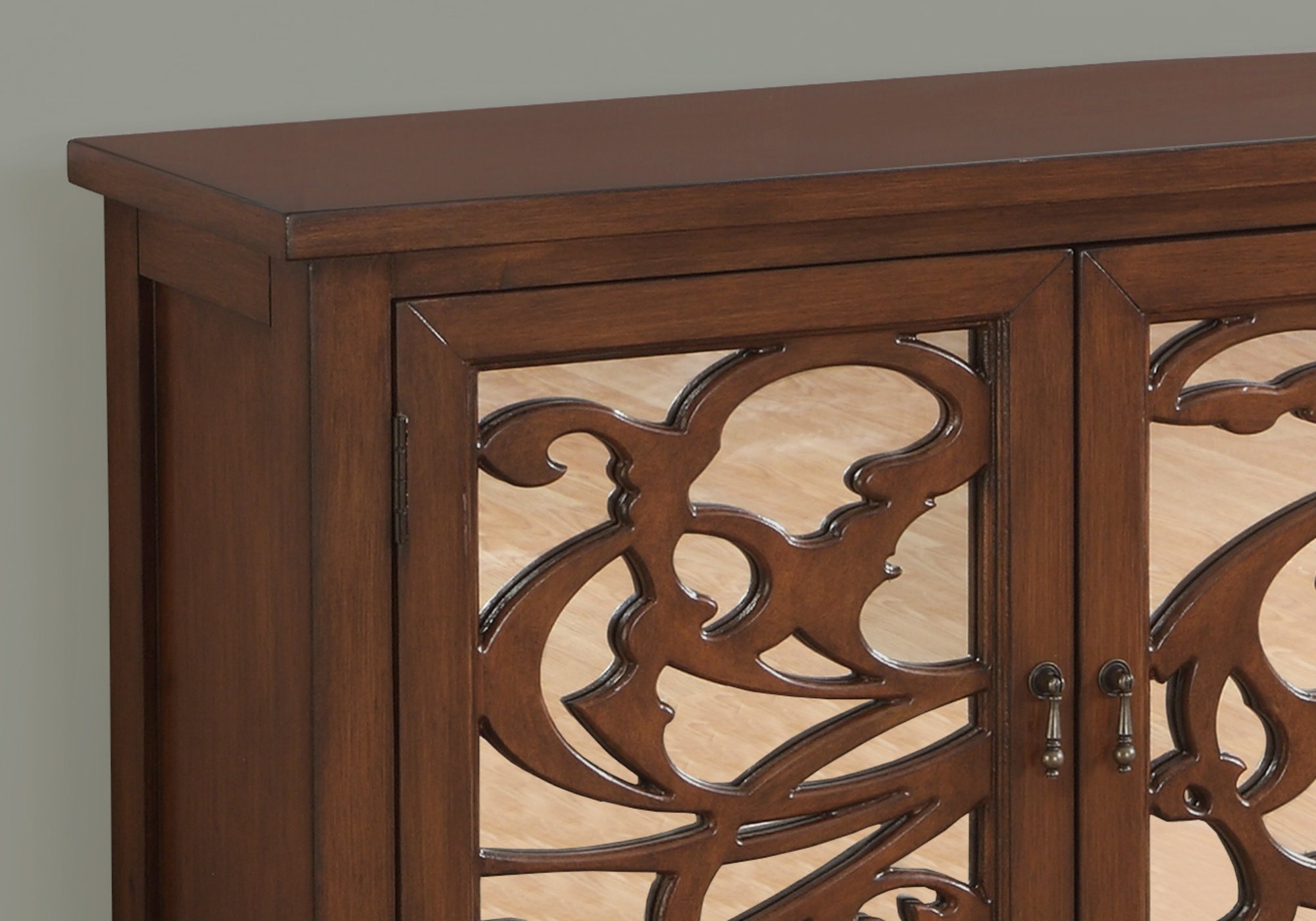 Walnut accent chest with mirrored glass, featuring a drawer and cubby space, stylishly designed for modern interiors.