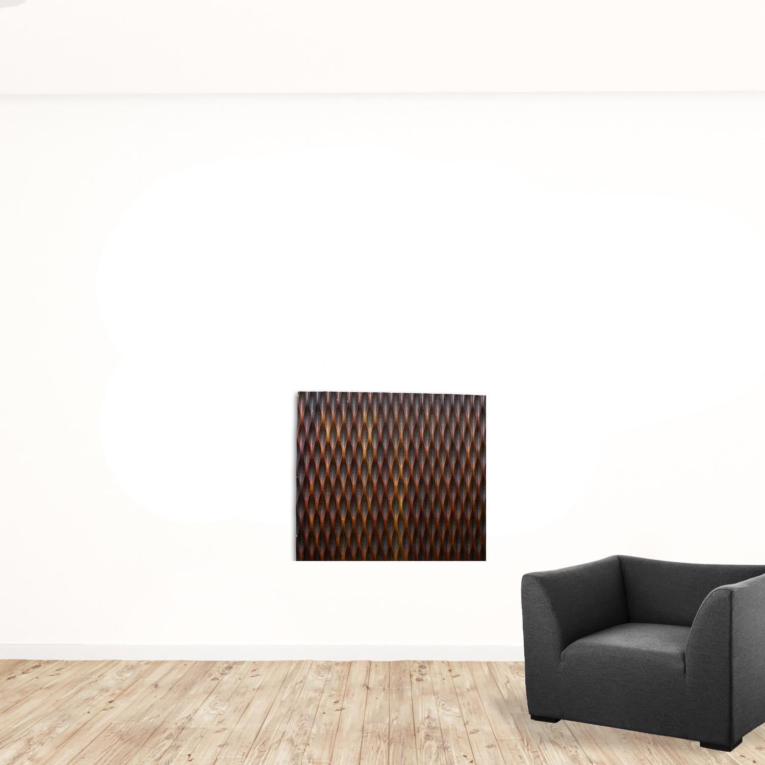 1 x 36 x 36 Brown Metallic Ridge Wall Art featuring a unique patterned wood paneling with silver metal finish and brown-black accents.