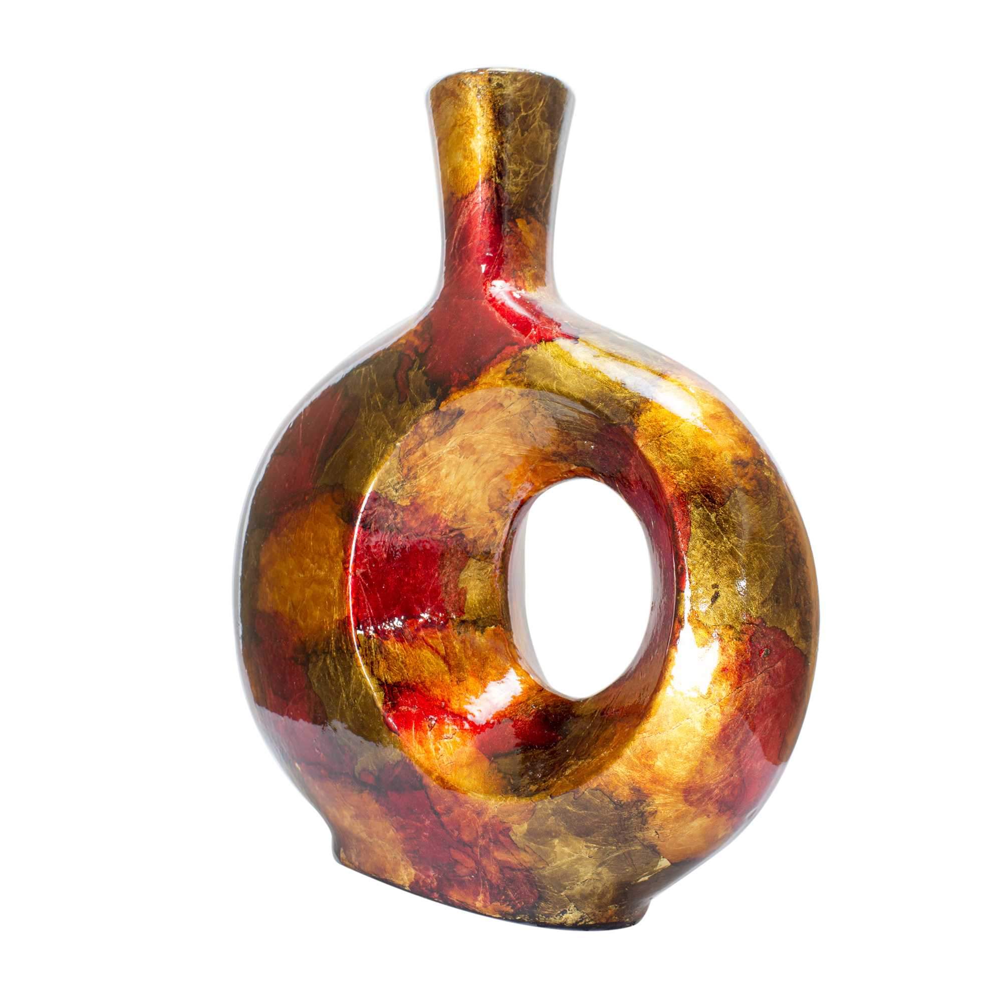 A beautifully crafted 11" X 4" X 12.5" ceramic table vase in copper red and gold, showcasing a contemporary design.