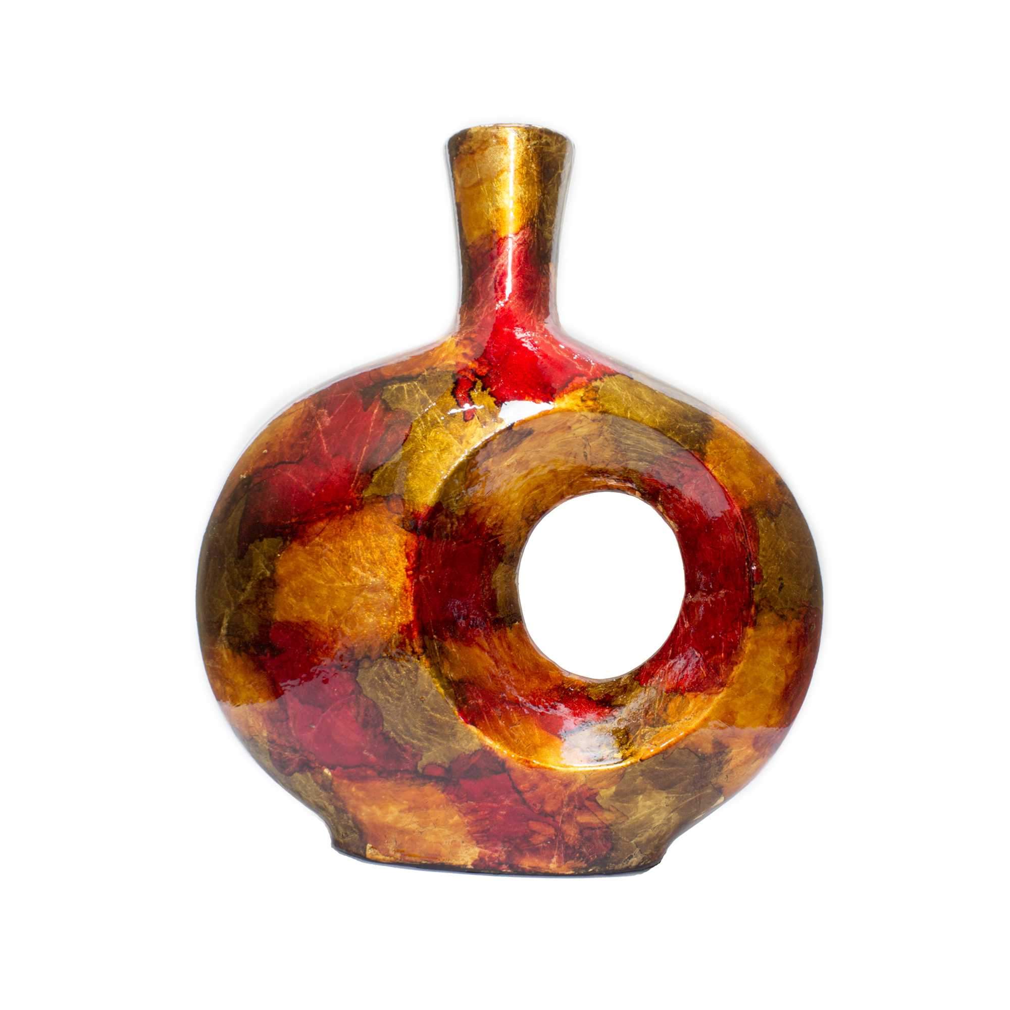 A beautifully crafted 11" X 4" X 12.5" ceramic table vase in copper red and gold, showcasing a contemporary design.