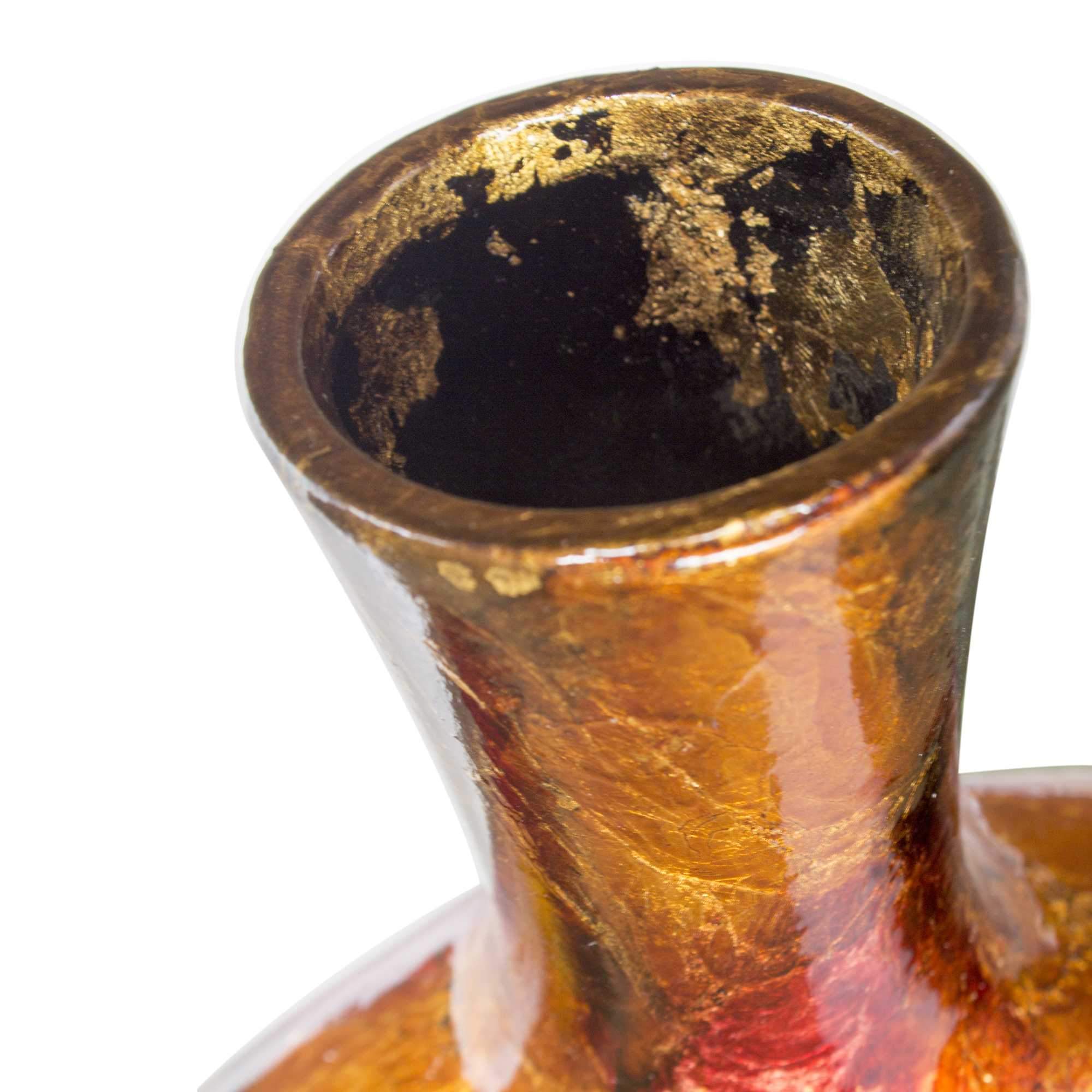 A beautifully crafted 11" X 4" X 12.5" ceramic table vase in copper red and gold, showcasing a contemporary design.