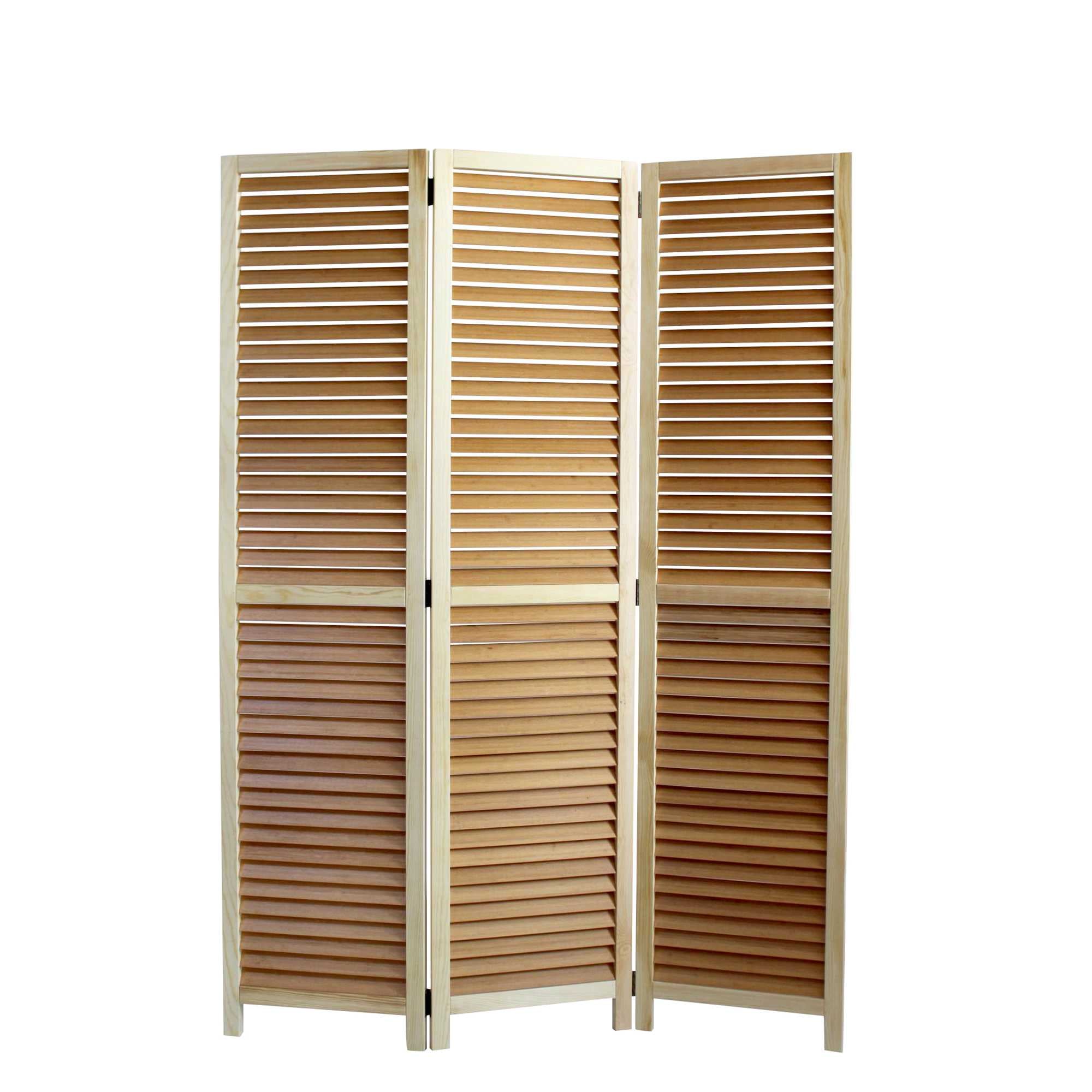 Elegant 3-panel natural wood screen with carboined bamboo shutters, perfect for indoor and outdoor use.