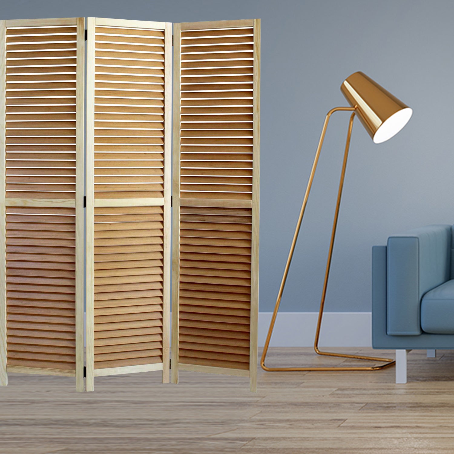 Elegant 3-panel natural wood screen with carboined bamboo shutters, perfect for indoor and outdoor use.