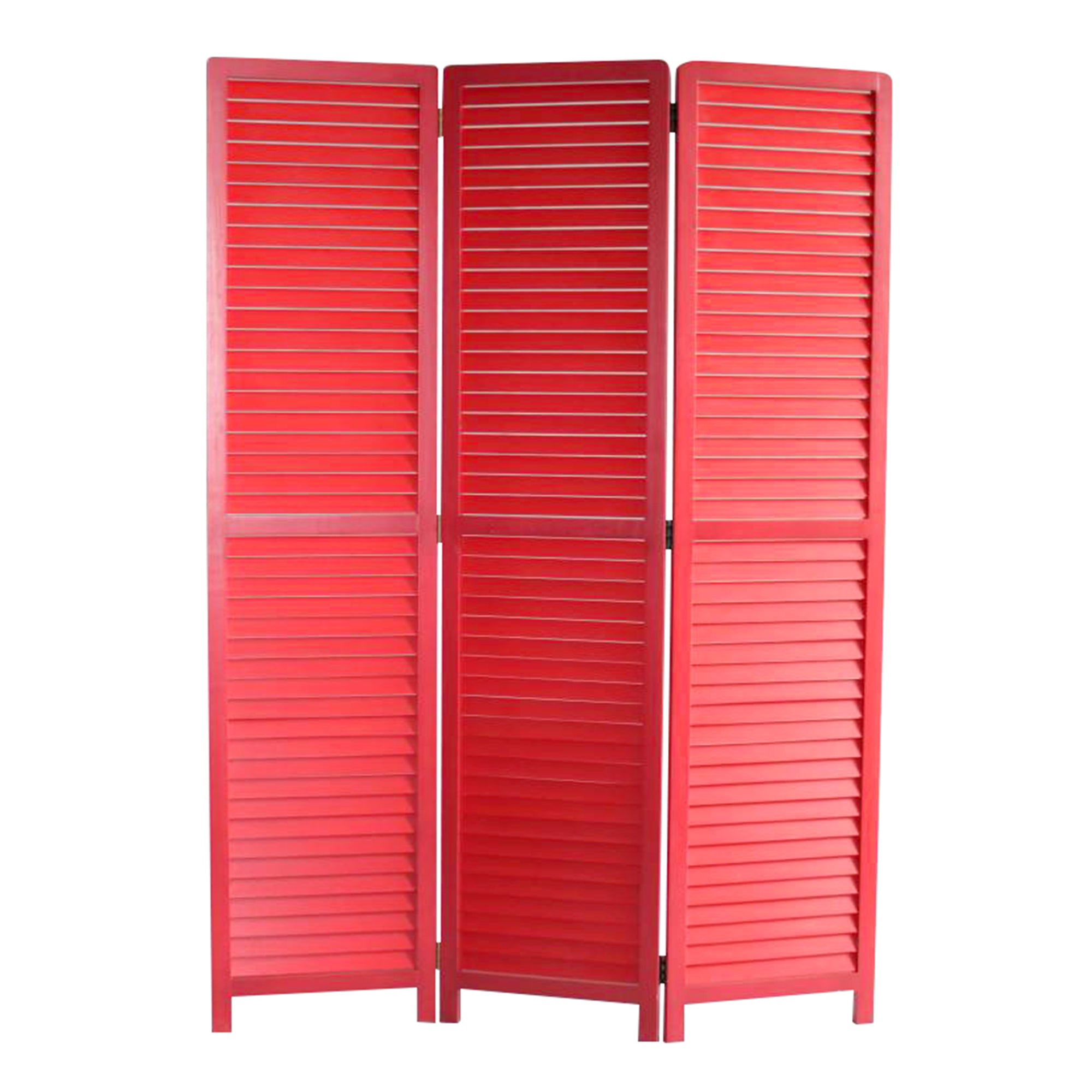 Elegant 3-panel red wood screen with bamboo shutters, perfect for indoor and outdoor use.