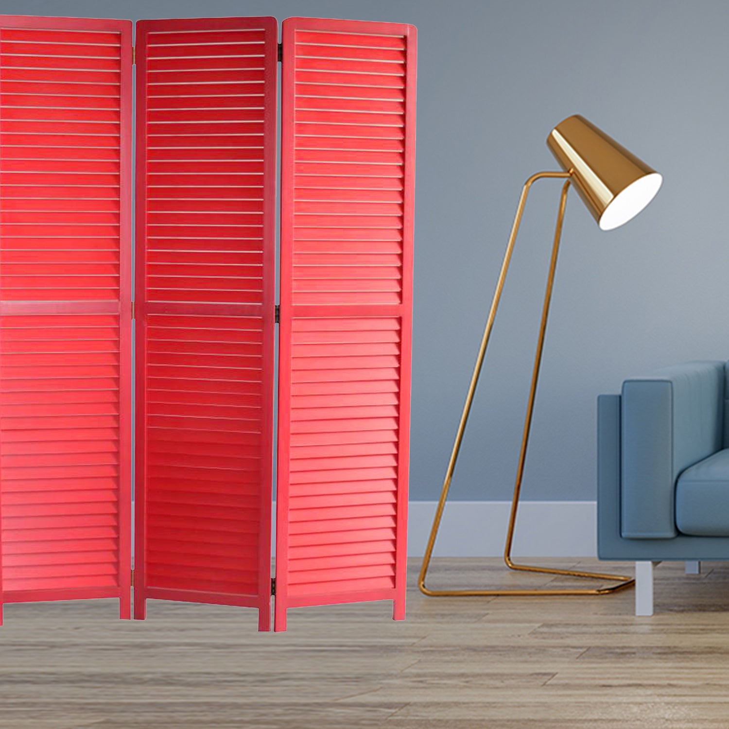 Elegant 3-panel red wood screen with bamboo shutters, perfect for indoor and outdoor use.