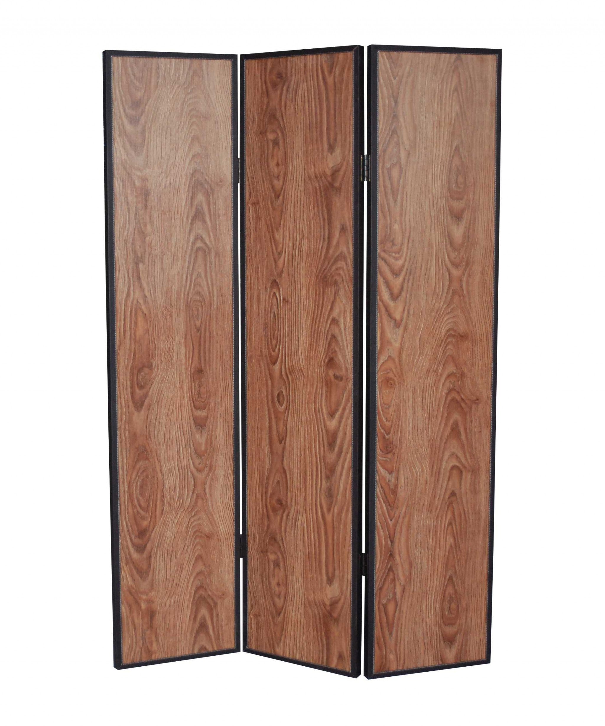 Elegant 3-panel brown wood screen with light brown maple surface and dark brown bonded leather trim, perfect for room division.