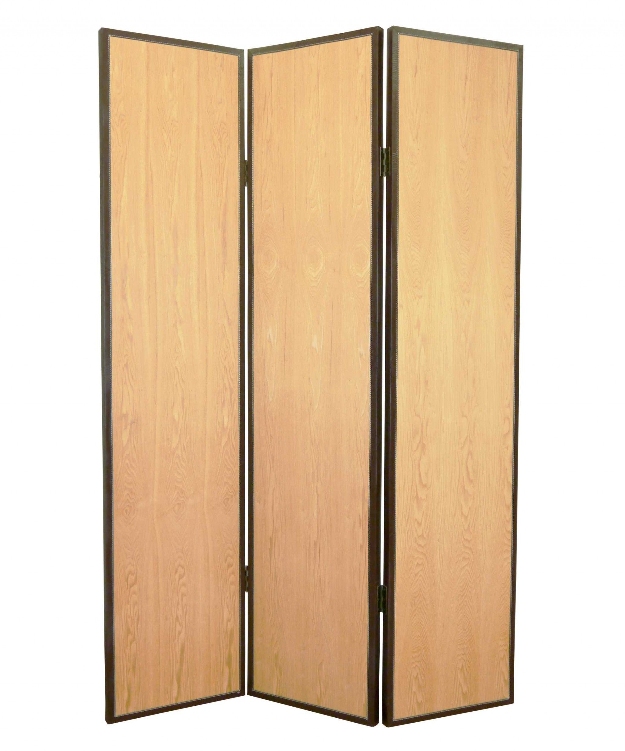 Elegant 3-panel natural wood screen with blond maple surfaces and brown bonded leather trim, perfect for home decor.