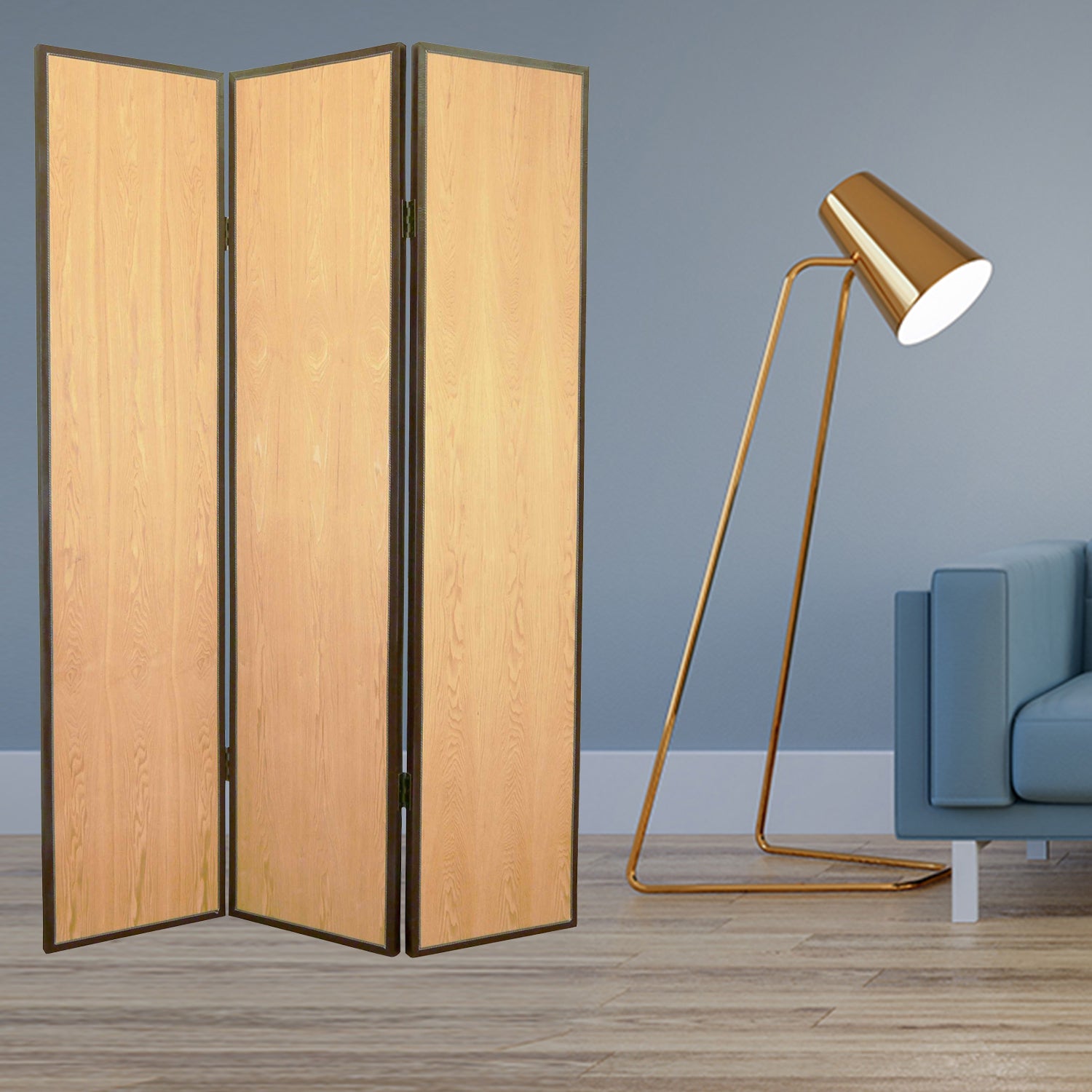 Elegant 3-panel natural wood screen with blond maple surfaces and brown bonded leather trim, perfect for home decor.