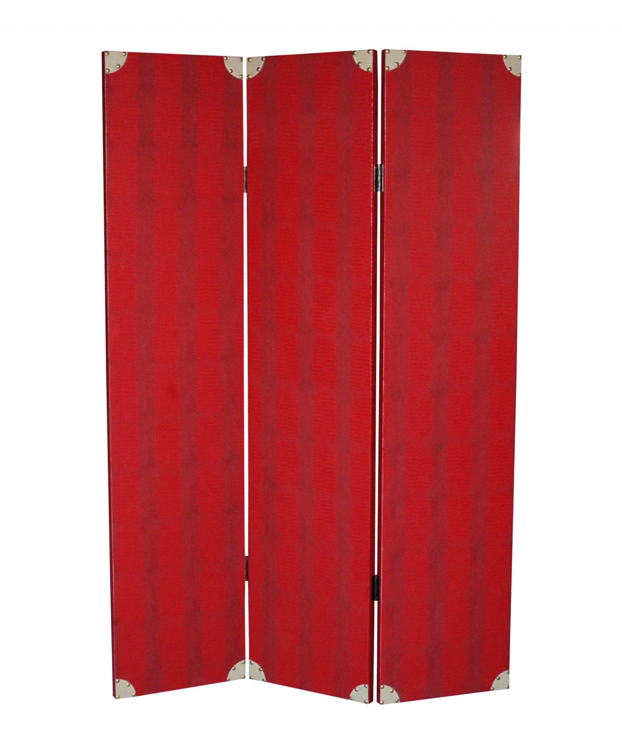 Elegant 3-panel red wood screen with crocodile impression and gold trim accents, perfect for home decor and space division.