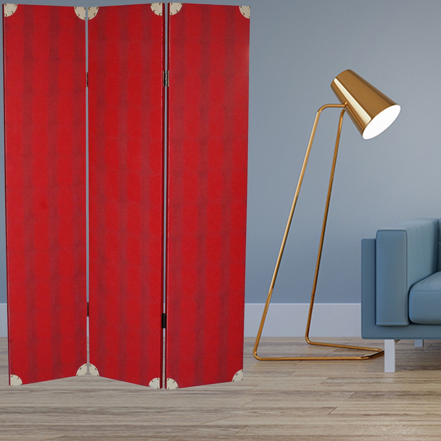 Elegant 3-panel red wood screen with crocodile impression and gold trim accents, perfect for home decor and space division.