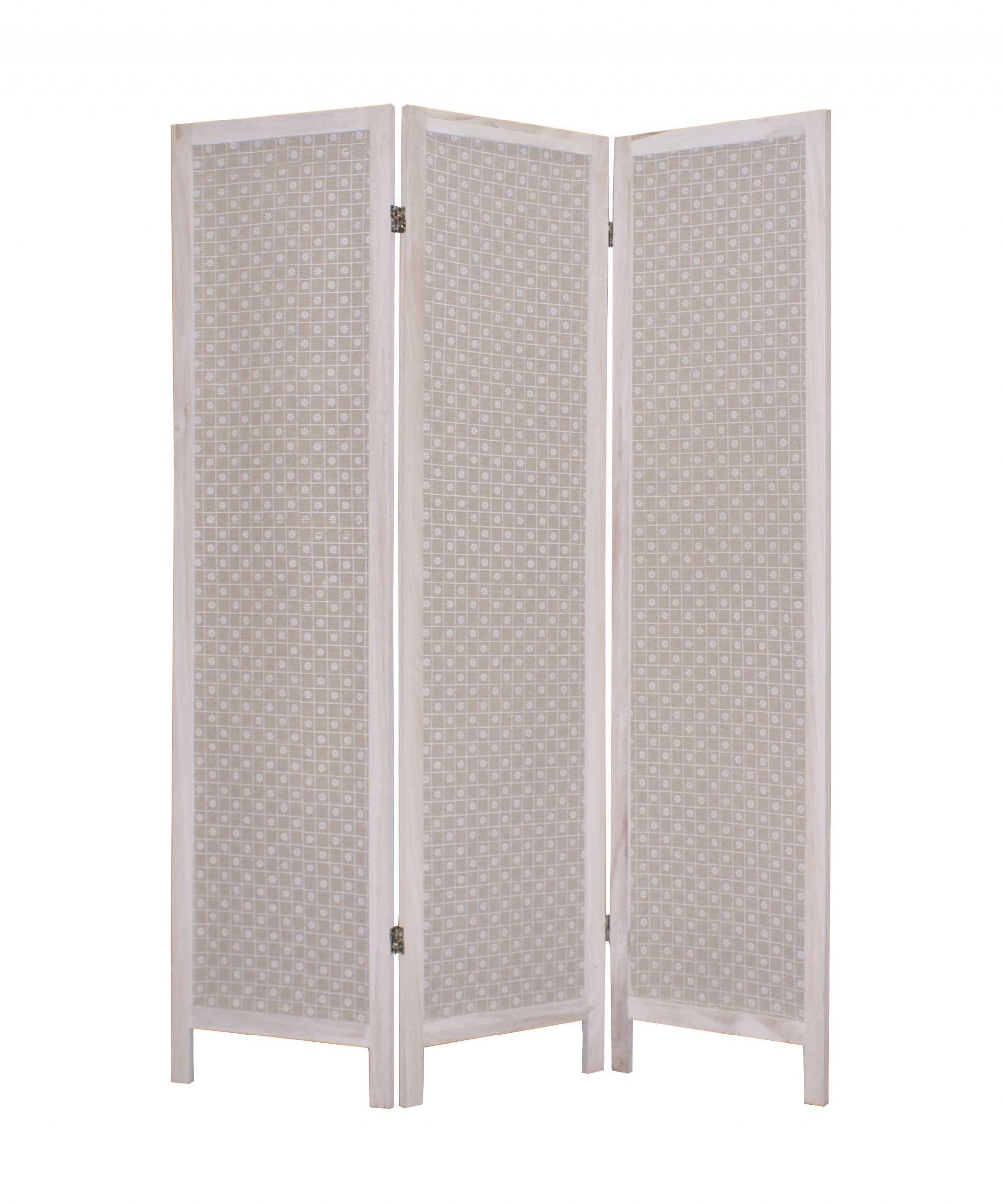 Elegant 3-panel beige room screen made of fabric and wood, providing privacy and style for any interior space.