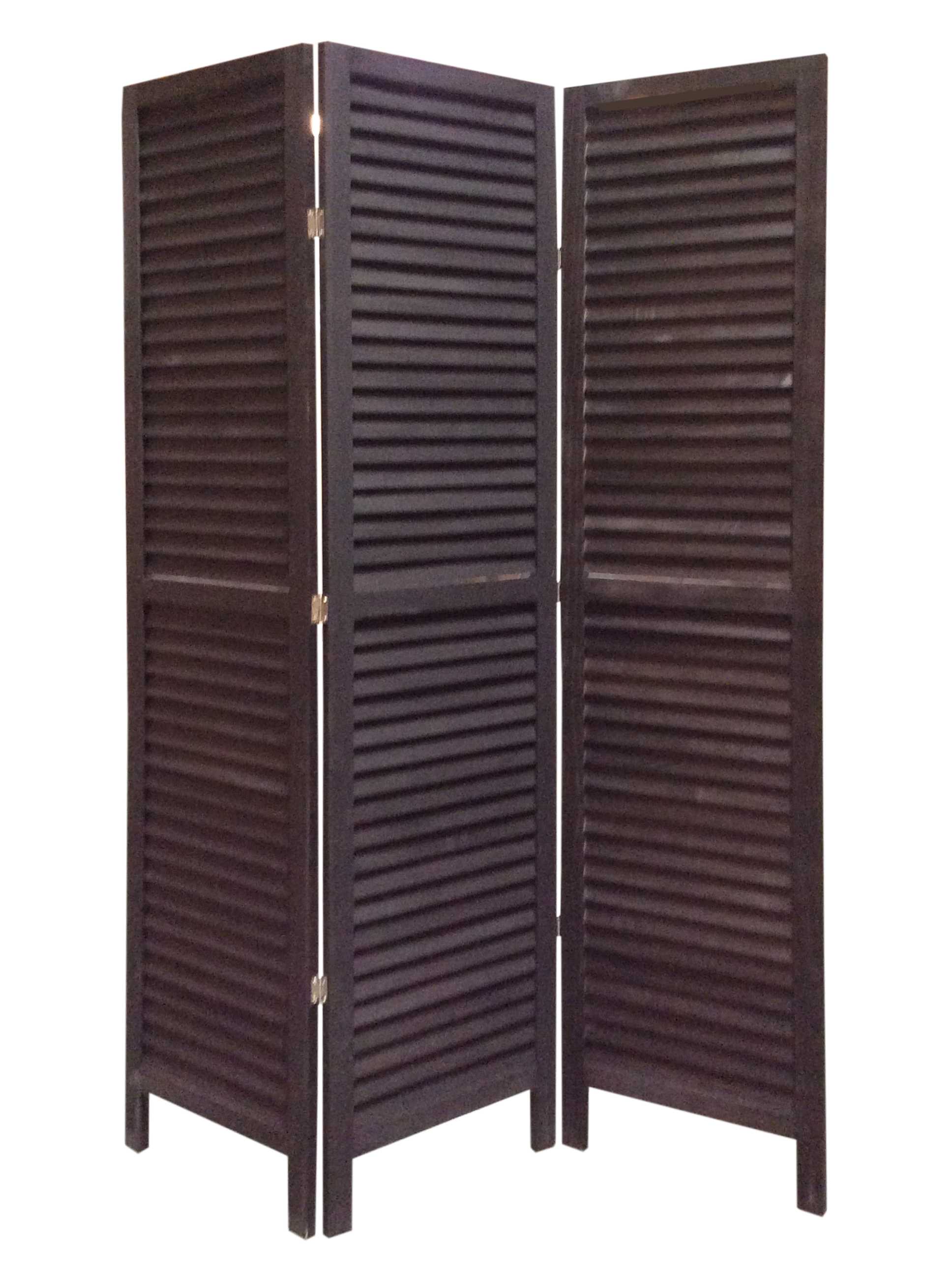 Elegant 67-inch black wood shutter screen with three panels, designed for privacy and light filtering, showcasing a sleek finish and sturdy construction.