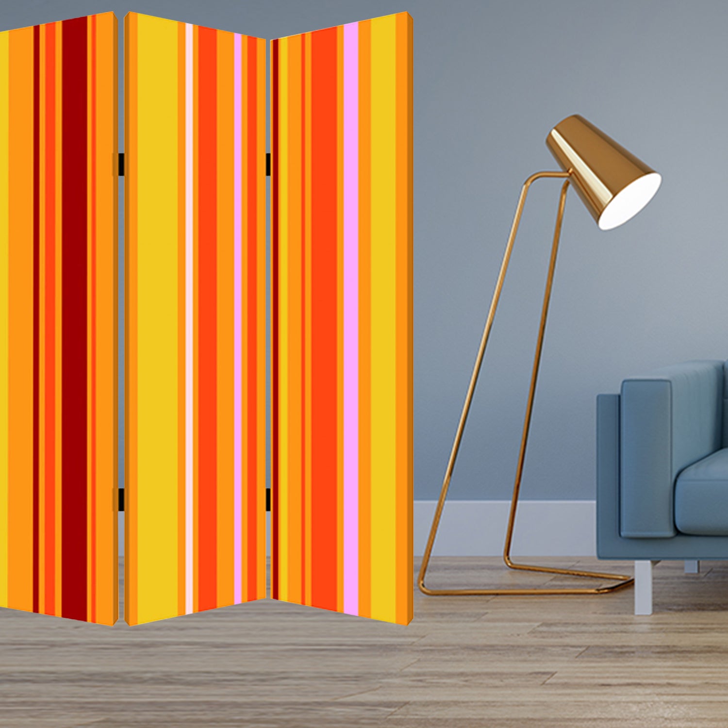 A vibrant three-panel screen featuring multi-color canvas prints, designed to enhance home decor and create privacy.