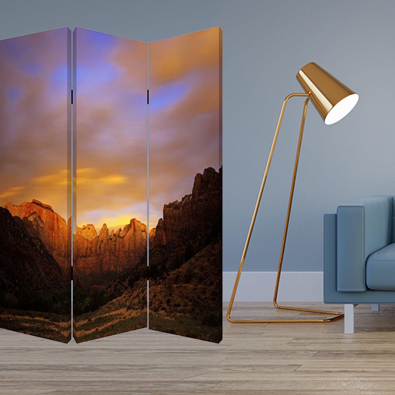 A vibrant three-panel screen featuring multi-color canvas prints, designed to enhance room decor and provide privacy.