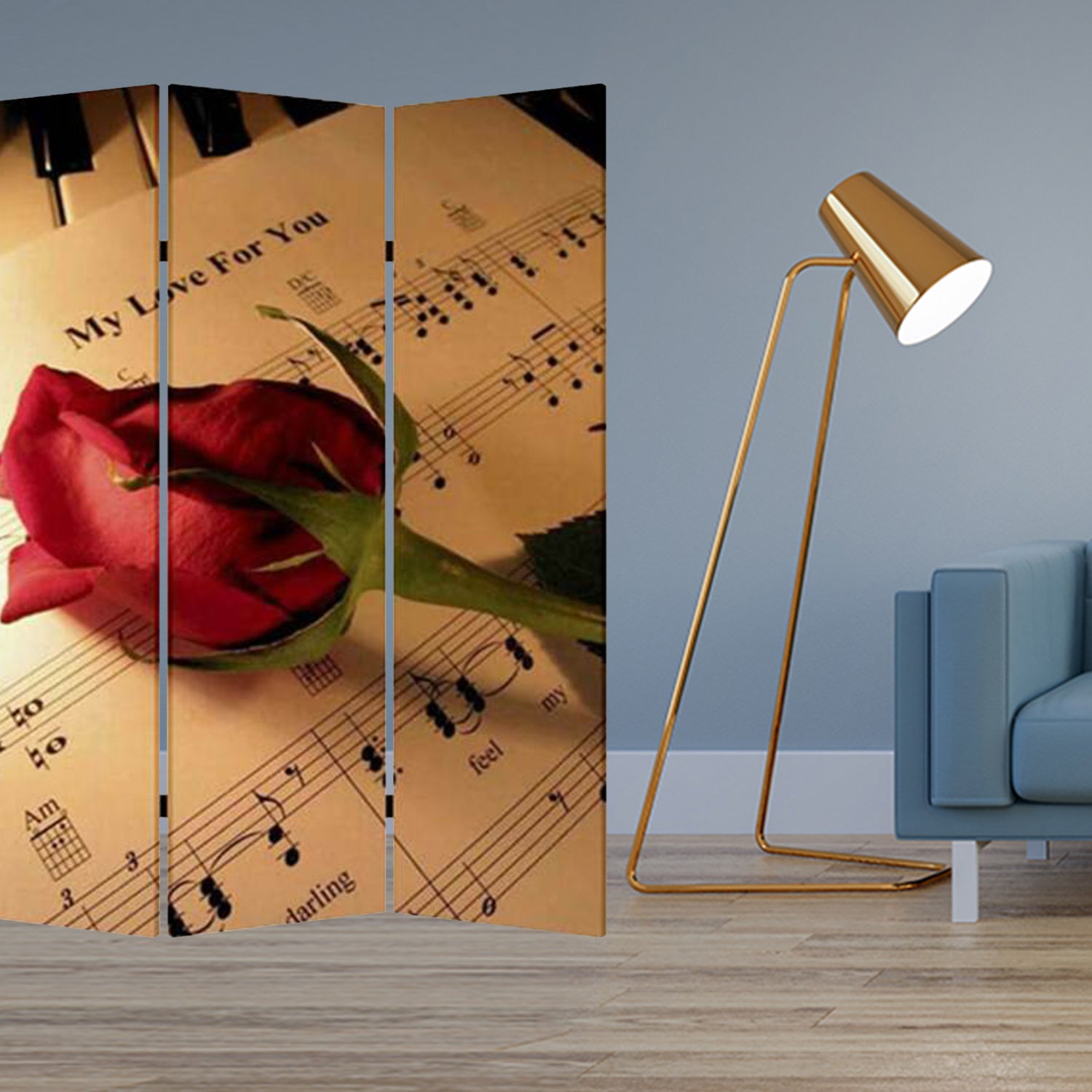 A vibrant 3-panel wood canvas music screen featuring colorful designs on both sides, perfect for home decor.