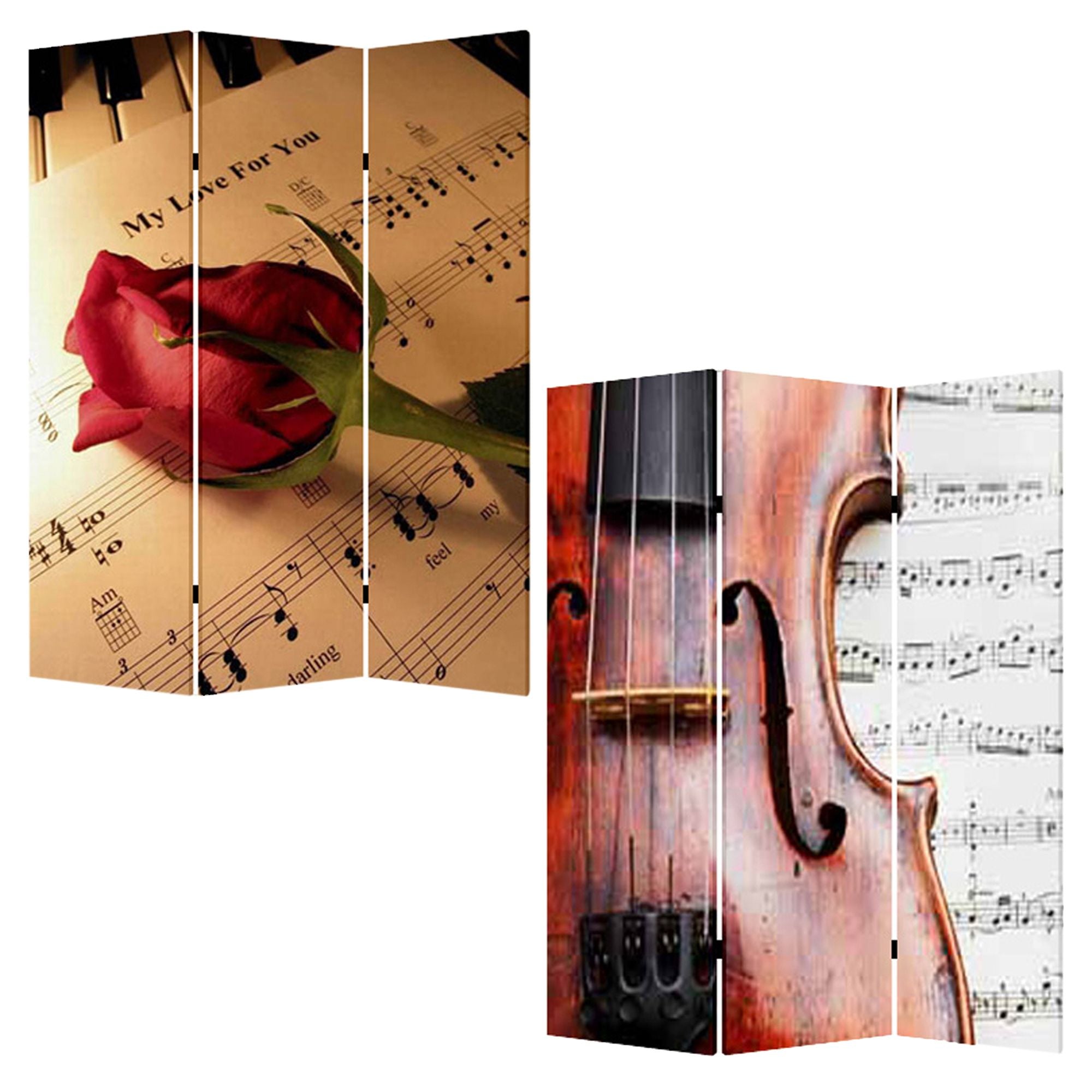 A vibrant 3-panel wood canvas music screen featuring colorful designs on both sides, perfect for home decor.