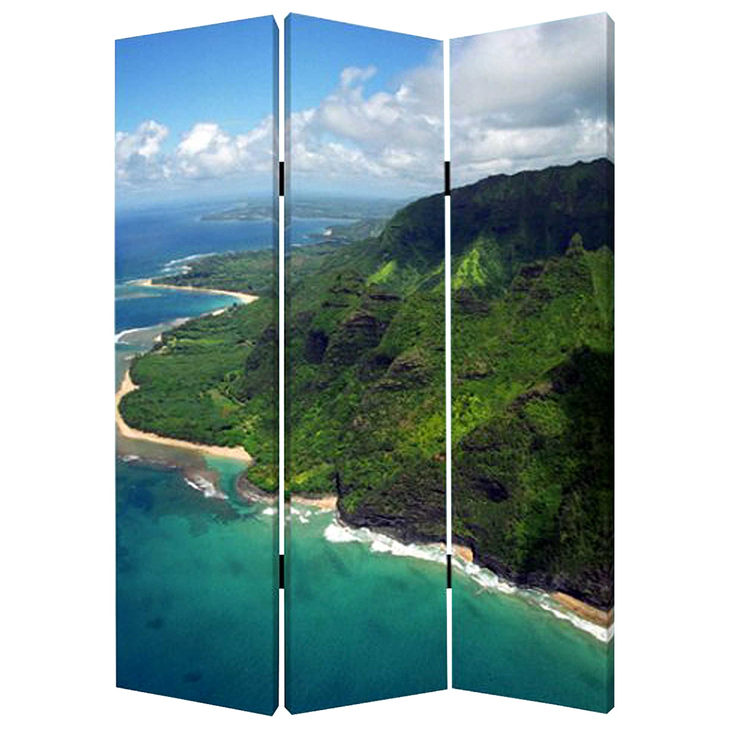 A vibrant three-panel screen featuring multi-color tropical designs on cotton canvas, perfect for home decor.