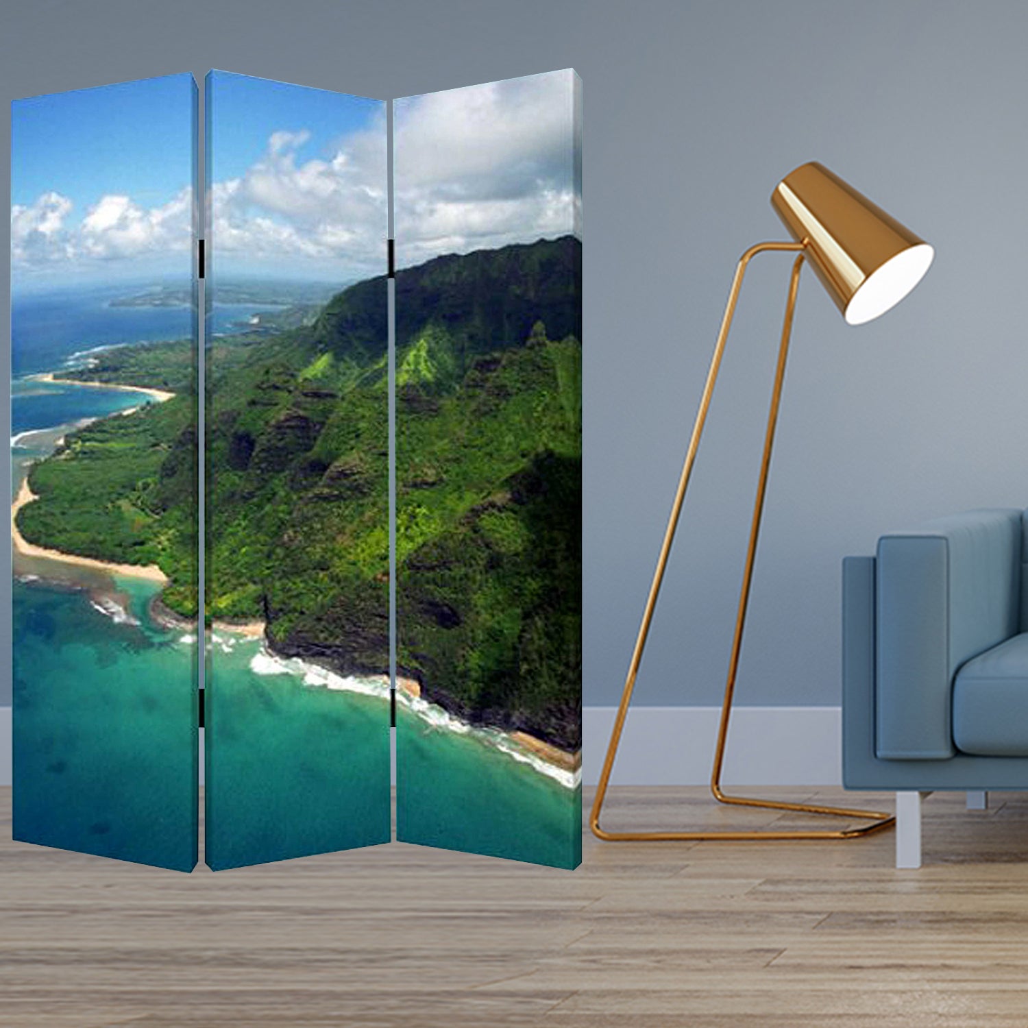 A vibrant three-panel screen featuring multi-color tropical designs on cotton canvas, perfect for home decor.