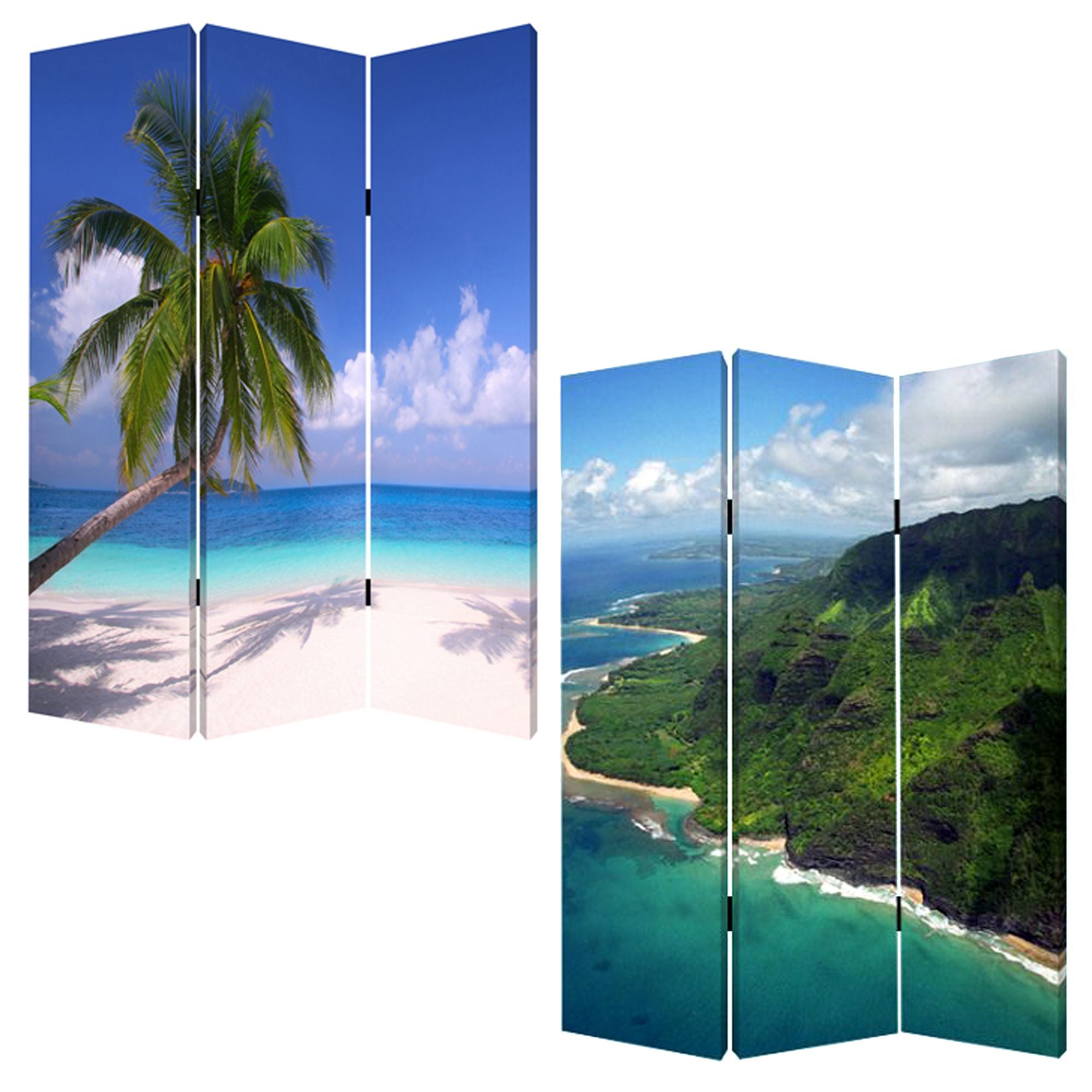 A vibrant three-panel screen featuring multi-color tropical designs on cotton canvas, perfect for home decor.