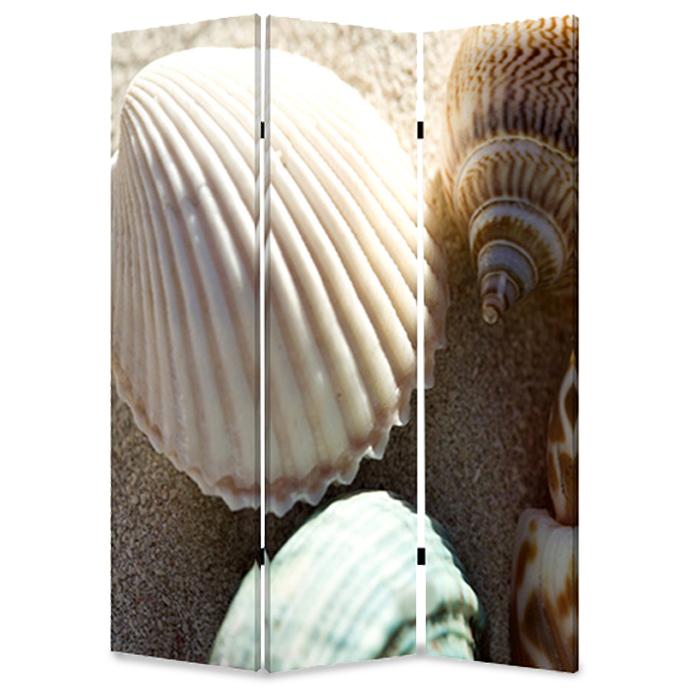 A vibrant 3-panel screen featuring colorful sea shell designs on canvas, perfect for home decor and room division.