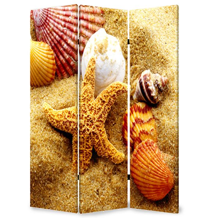 A vibrant 3-panel screen featuring colorful sea shell designs on canvas, perfect for home decor and room division.