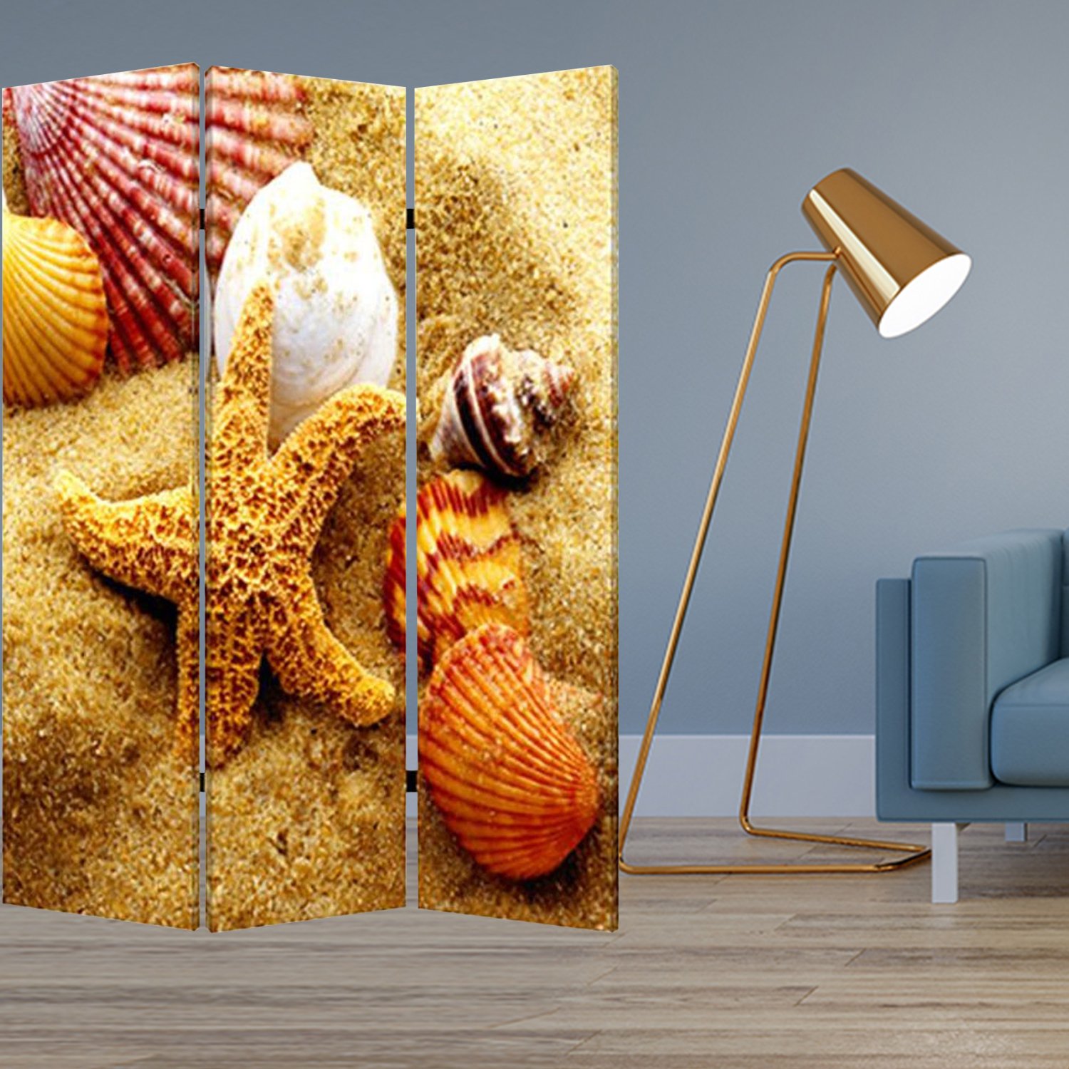 A vibrant 3-panel screen featuring colorful sea shell designs on canvas, perfect for home decor and room division.