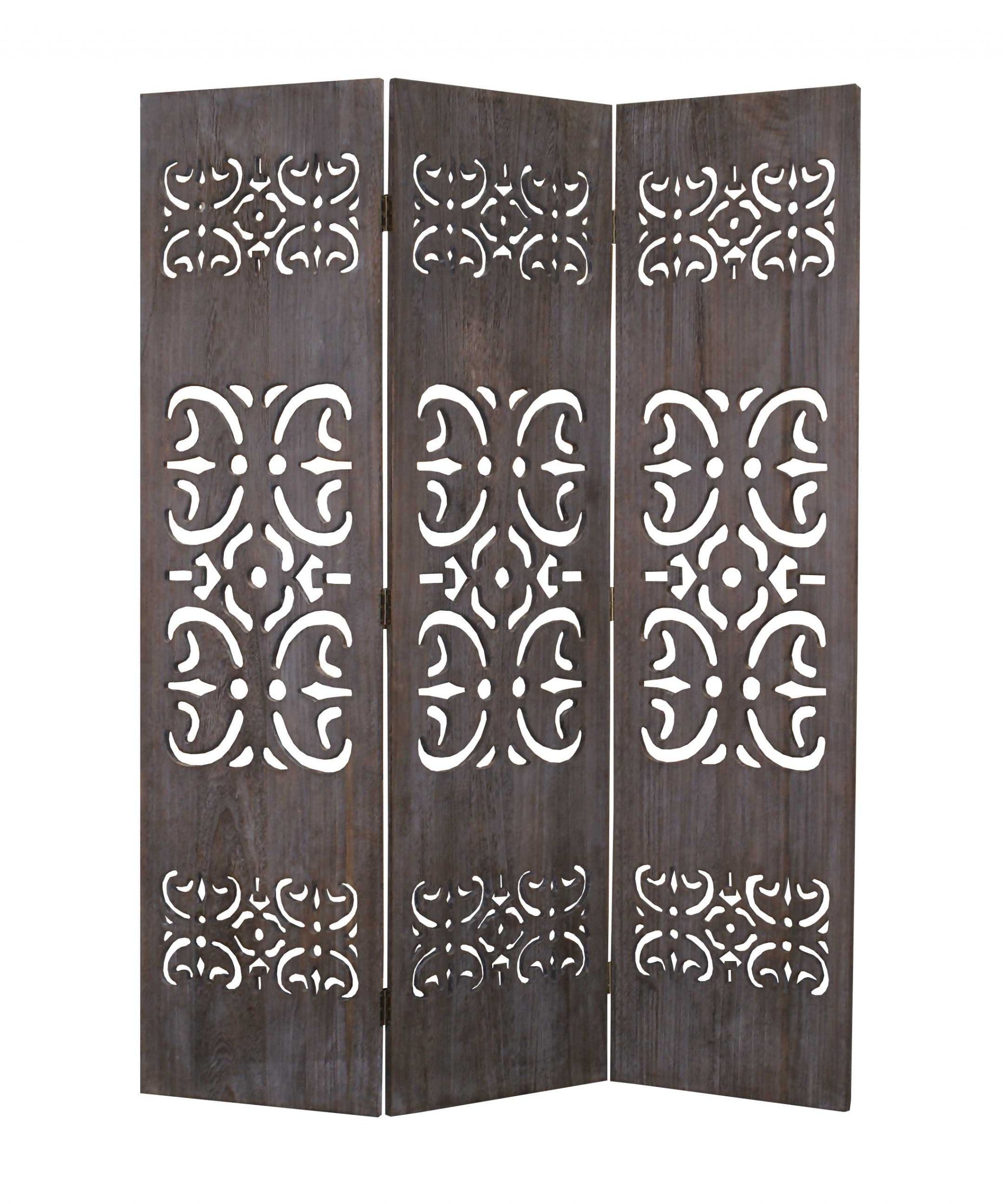 Elegant brown 3 panel wood screen with intricate carvings, perfect for room division and home decor.