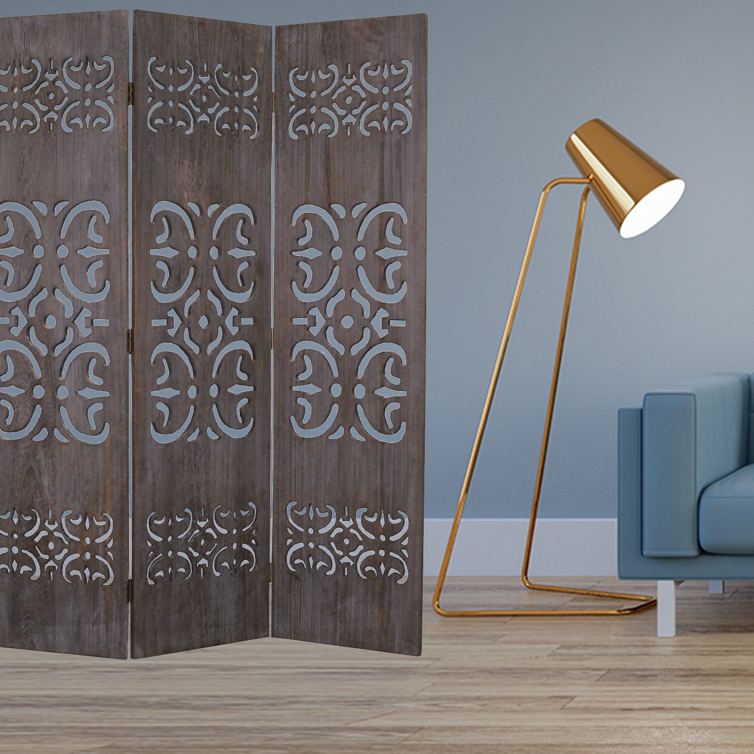 Elegant brown 3 panel wood screen with intricate carvings, perfect for room division and home decor.