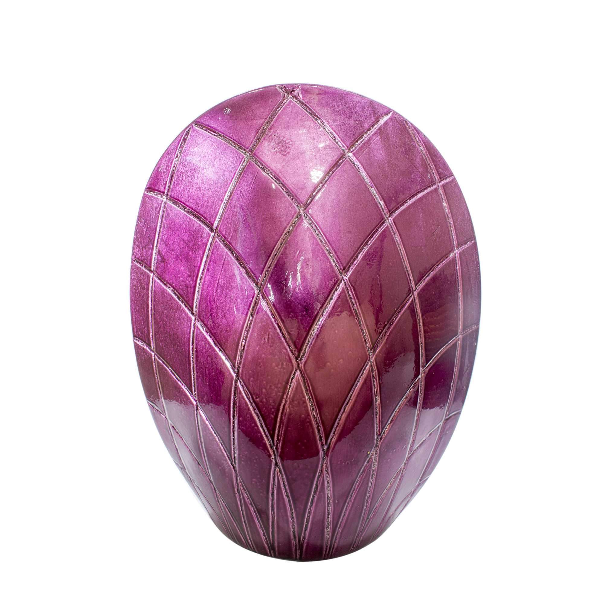 A vibrant purple ceramic vase with a harlequin pattern, measuring 11 inches wide, 6 inches deep, and 13.75 inches tall, showcasing its elegant design.