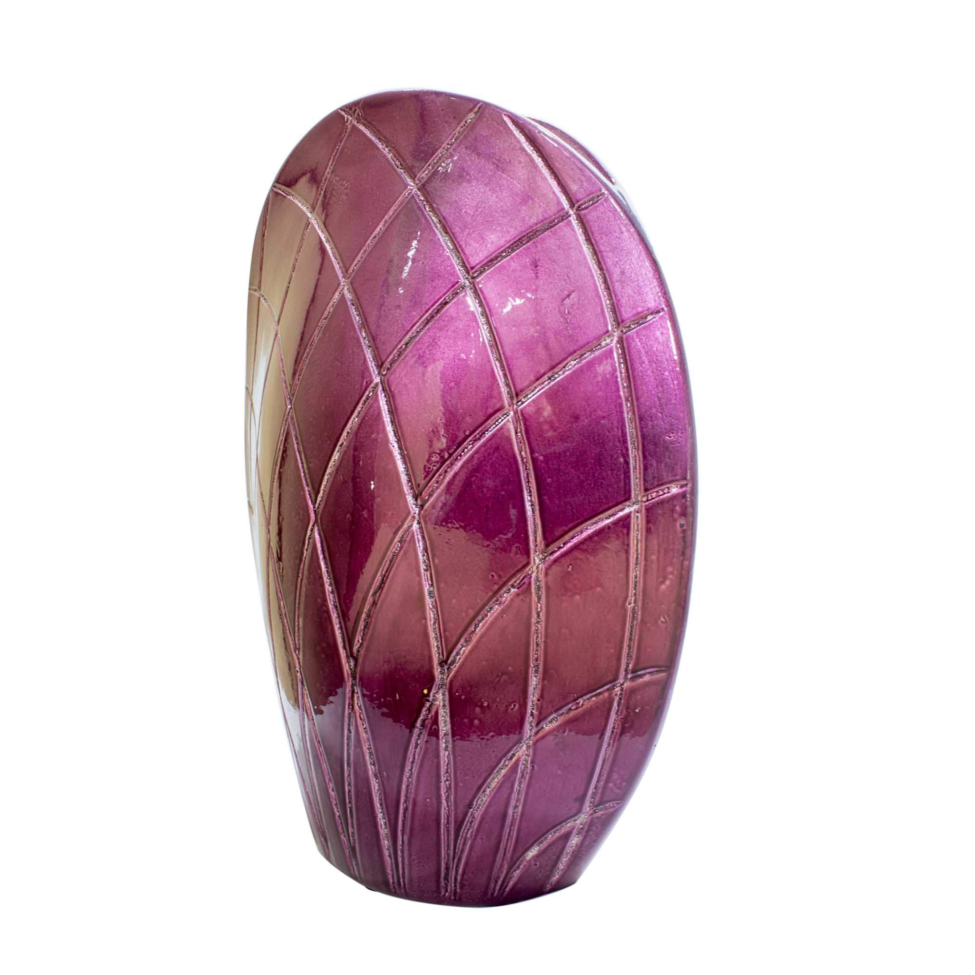 A vibrant purple ceramic vase with a harlequin pattern, measuring 11 inches wide, 6 inches deep, and 13.75 inches tall, showcasing its elegant design.