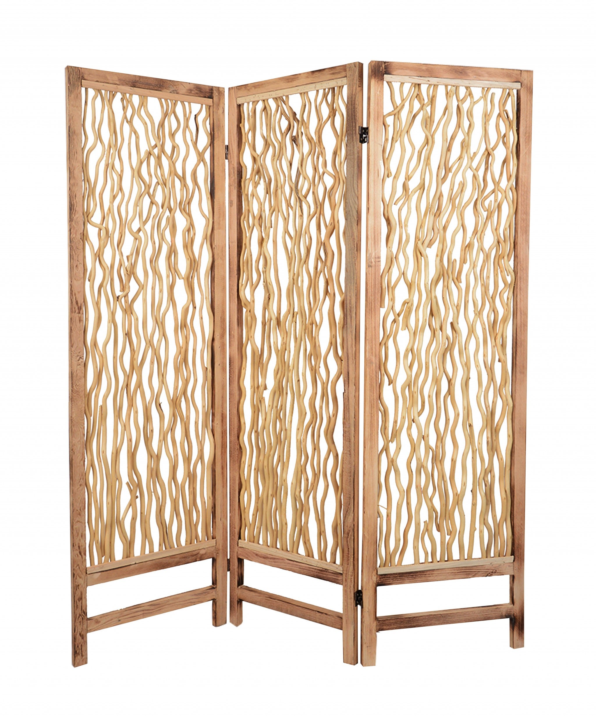 A stylish 3 panel wood foldable screen with decorative willow branches inset, featuring a rich brown finish, suitable for indoor and outdoor use.