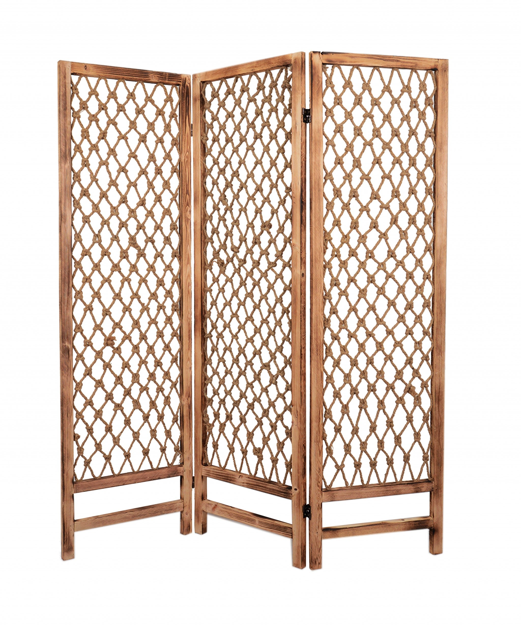 A beautiful 3-panel natural rope wooden screen with a wood frame and decorative rope insets, perfect for home decor.