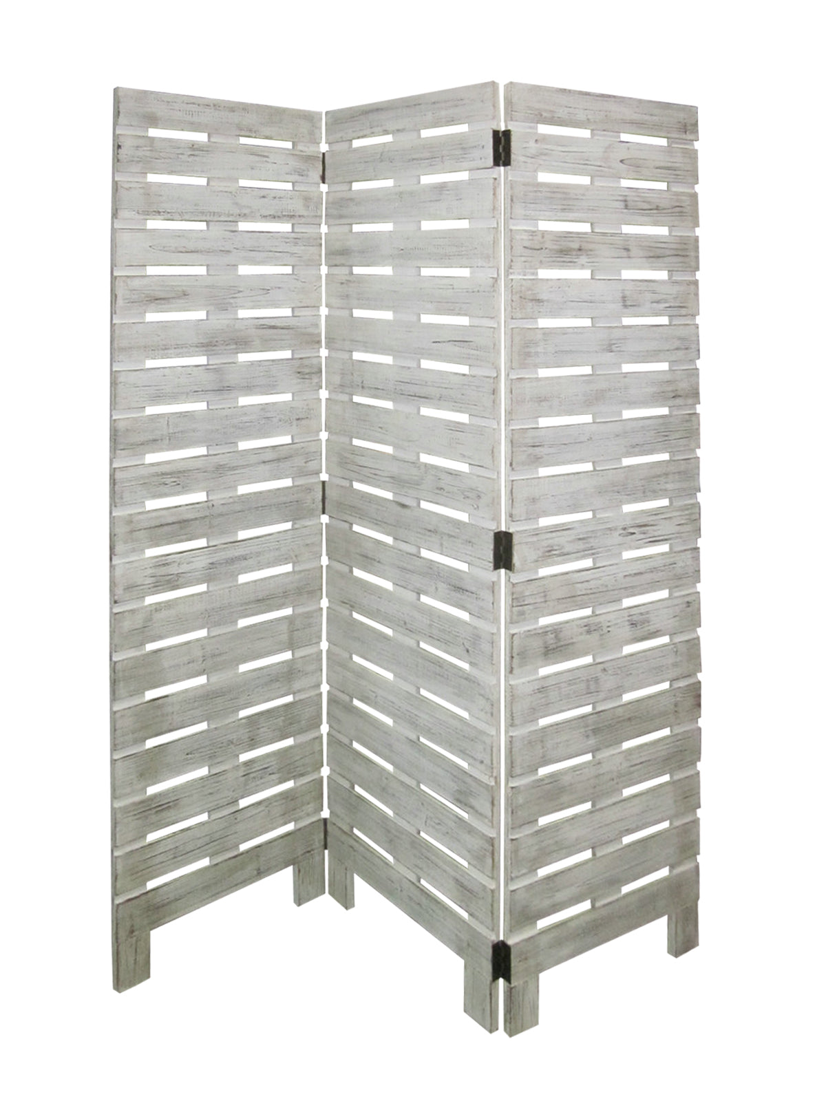 A beautiful 3-panel white wood garden screen with a weathered finish, featuring transparent wooden sleeves, ideal for indoor and outdoor use.