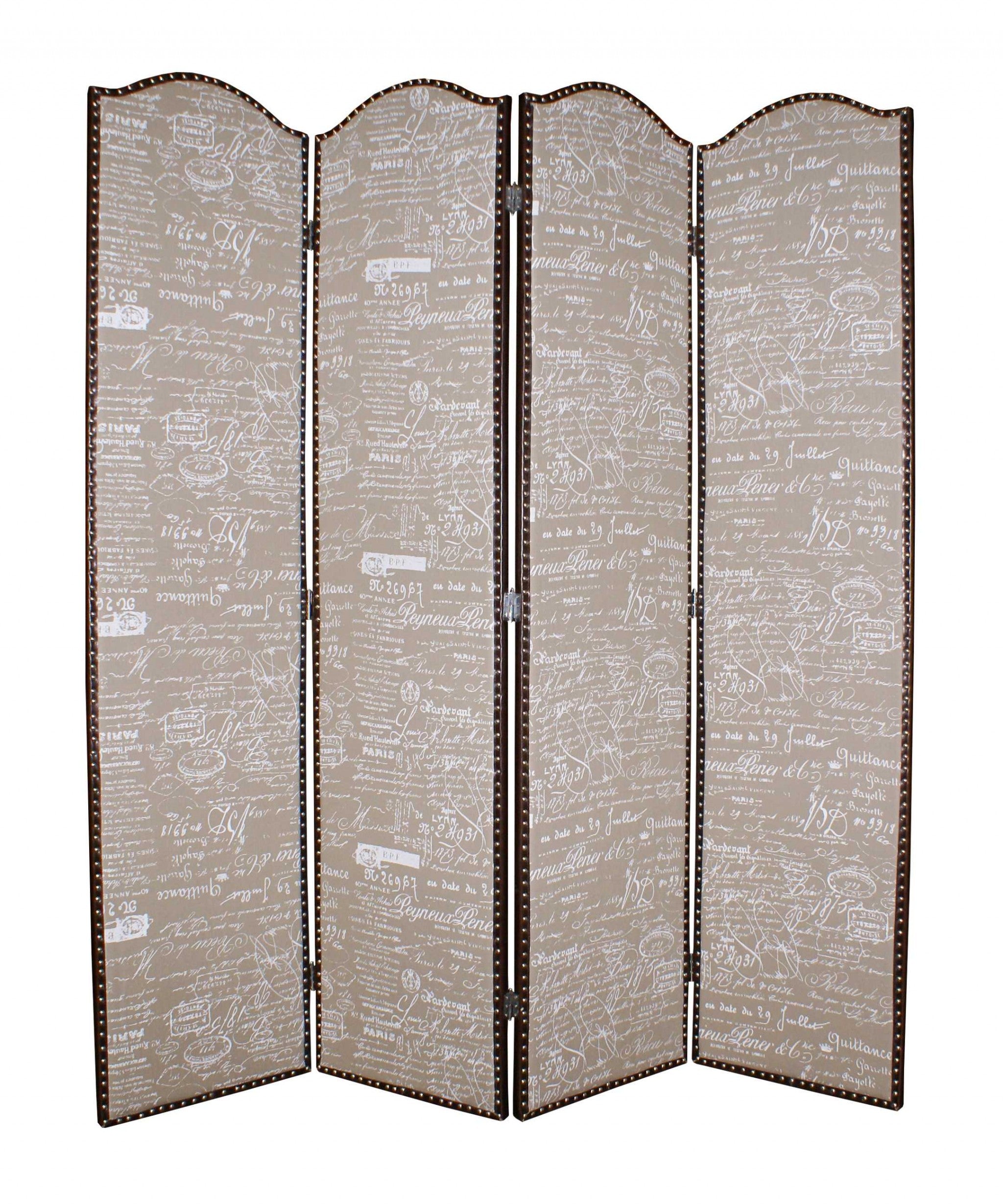 A stylish 4-panel tan wood screen featuring tufted ash fabric with a letter pattern, perfect for room decoration.