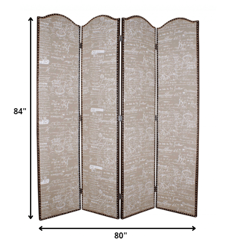 A stylish 4-panel tan wood screen featuring tufted ash fabric with a letter pattern, perfect for room decoration.