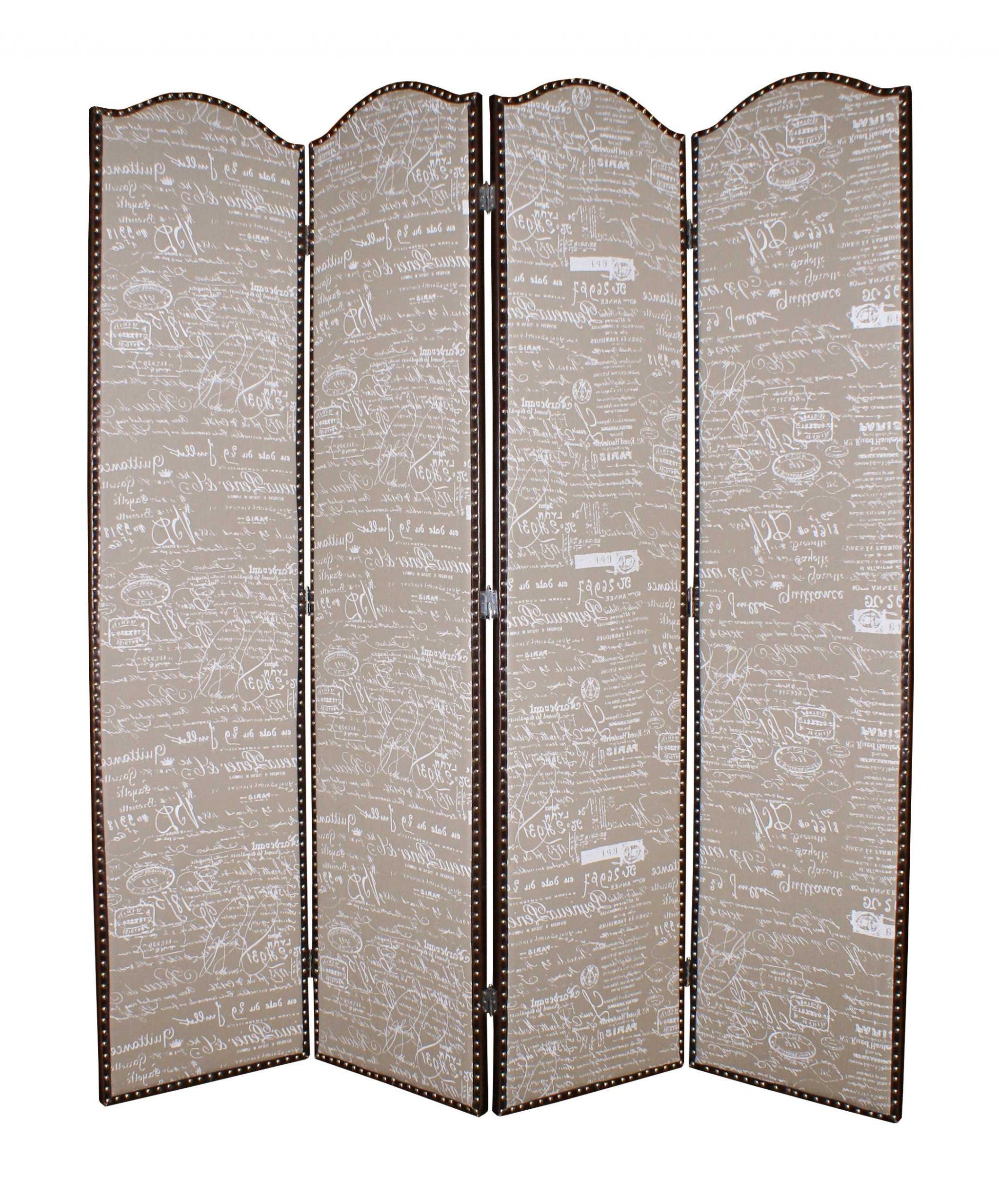 A stylish 4-panel tan wood screen featuring tufted ash fabric with a letter pattern, perfect for room decoration.