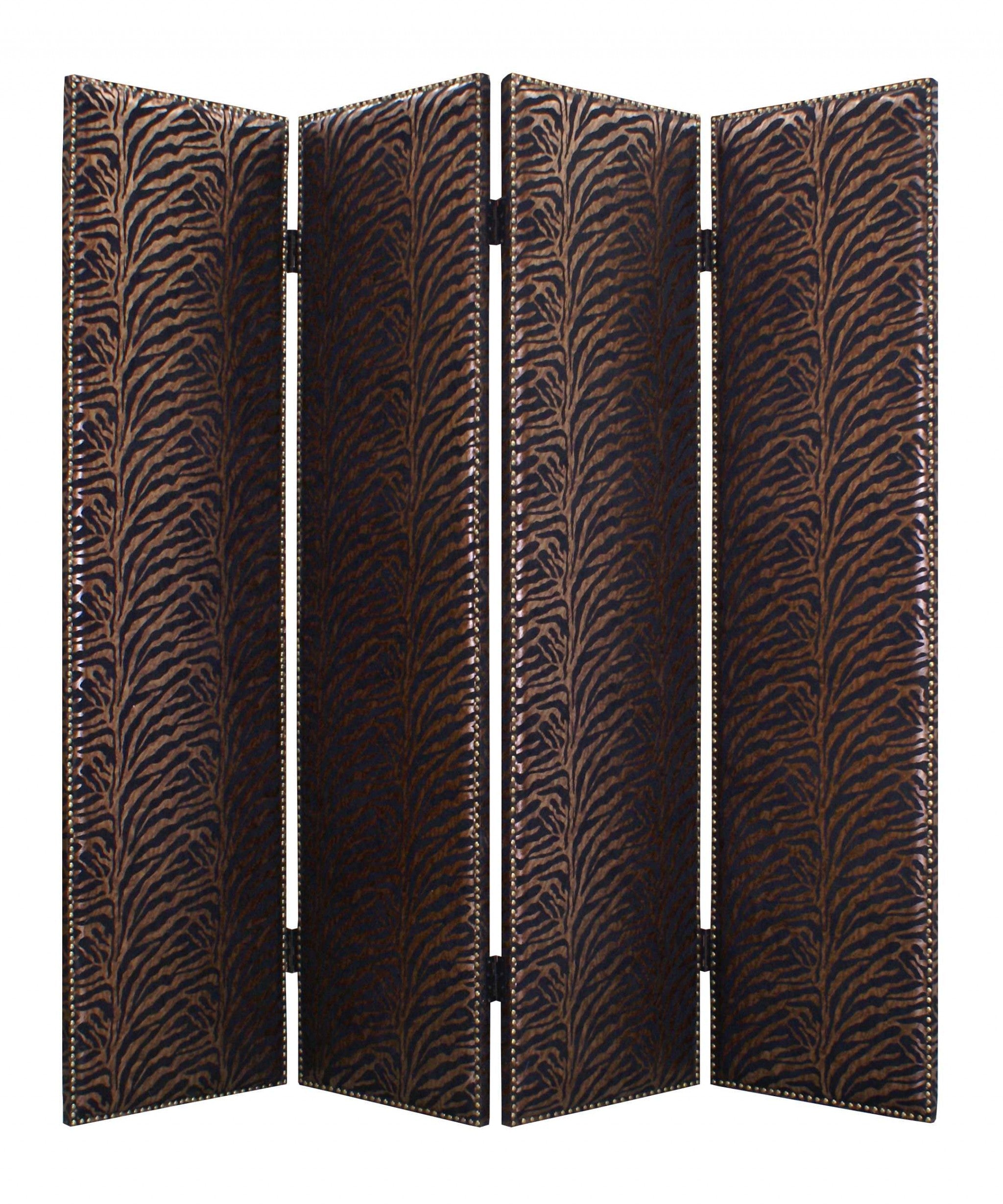 A stylish 4-panel screen featuring a bronze wood frame and high-quality fabric, adorned with nail head accents, perfect for contemporary home decor.