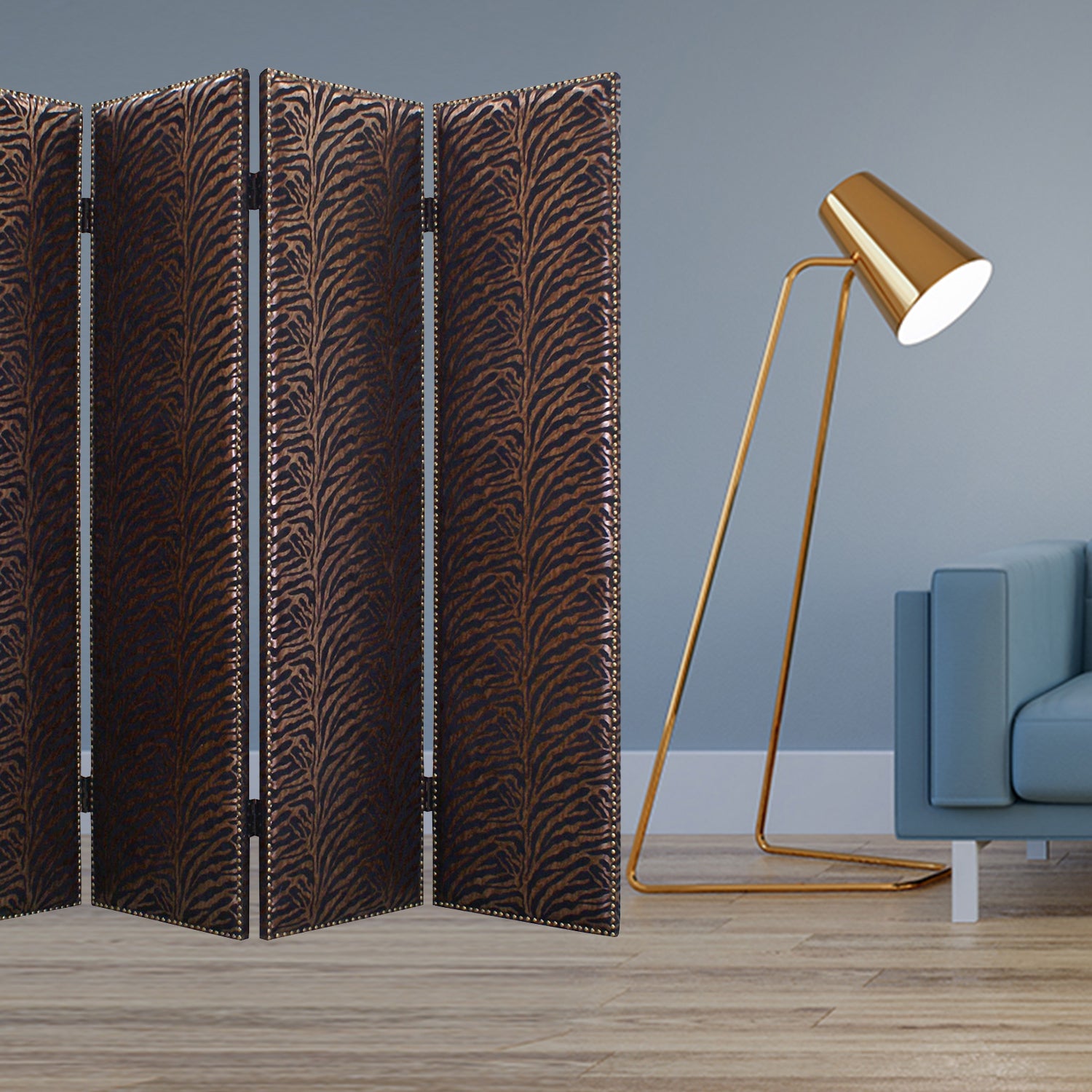 A stylish 4-panel screen featuring a bronze wood frame and high-quality fabric, adorned with nail head accents, perfect for contemporary home decor.