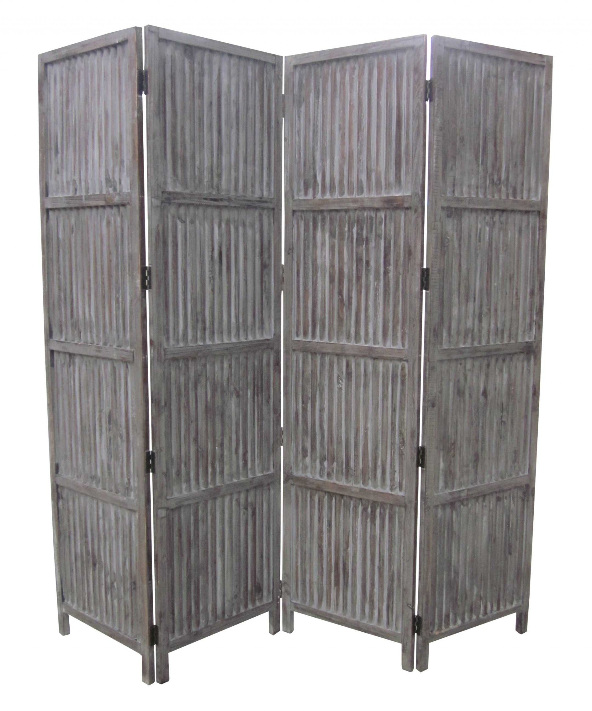 A beautifully crafted 4-panel brown wood screen with a distressed gray finish, showcasing solid wood construction and elegant design.