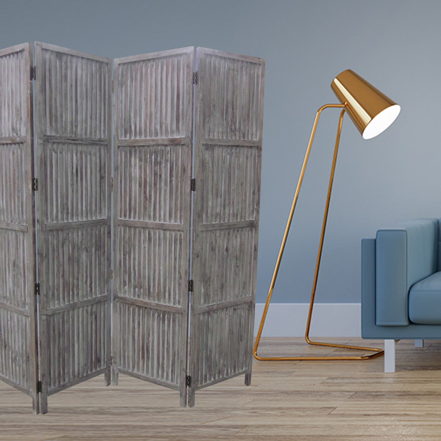 A beautifully crafted 4-panel brown wood screen with a distressed gray finish, showcasing solid wood construction and elegant design.