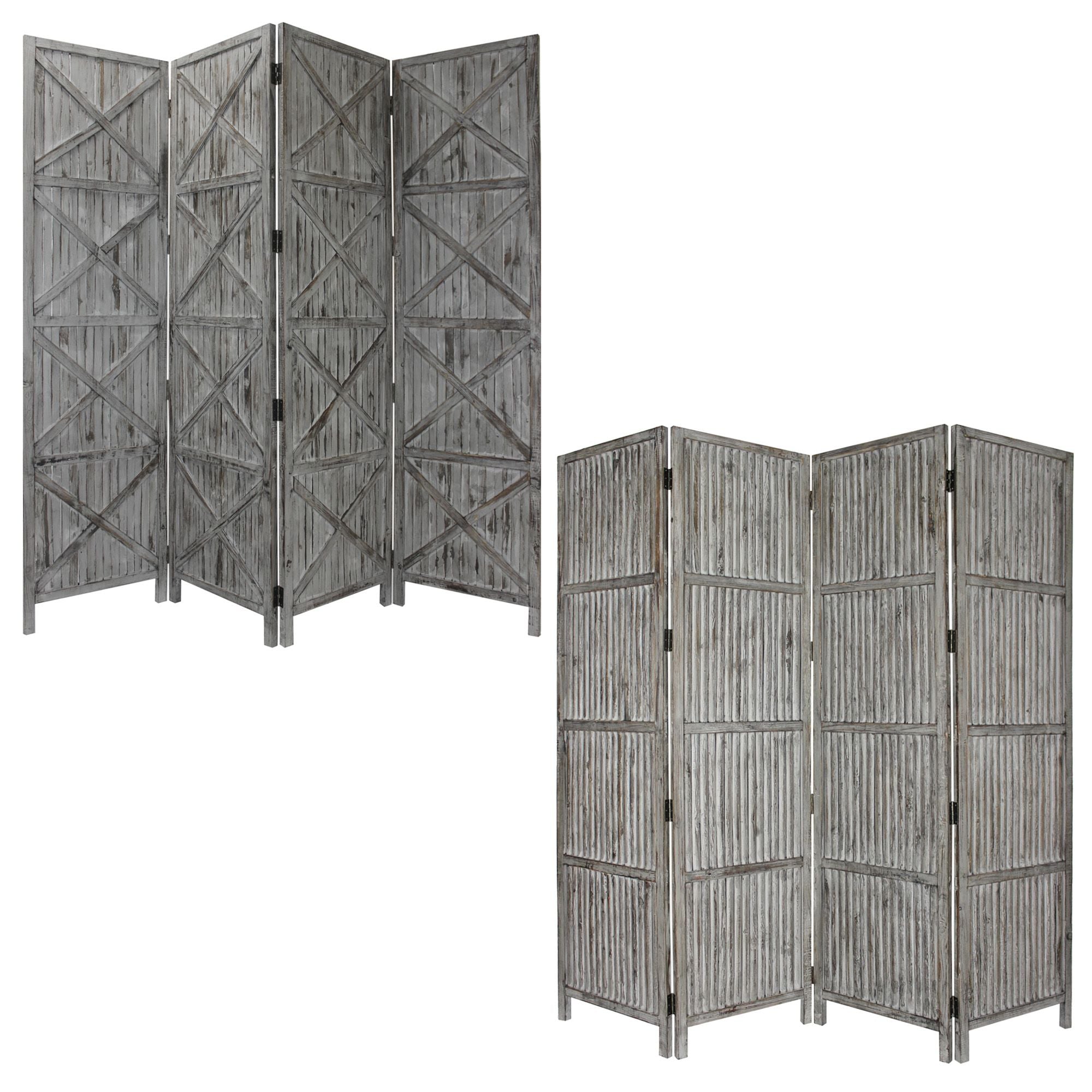 A beautifully crafted 4-panel brown wood screen with a distressed gray finish, showcasing solid wood construction and elegant design.