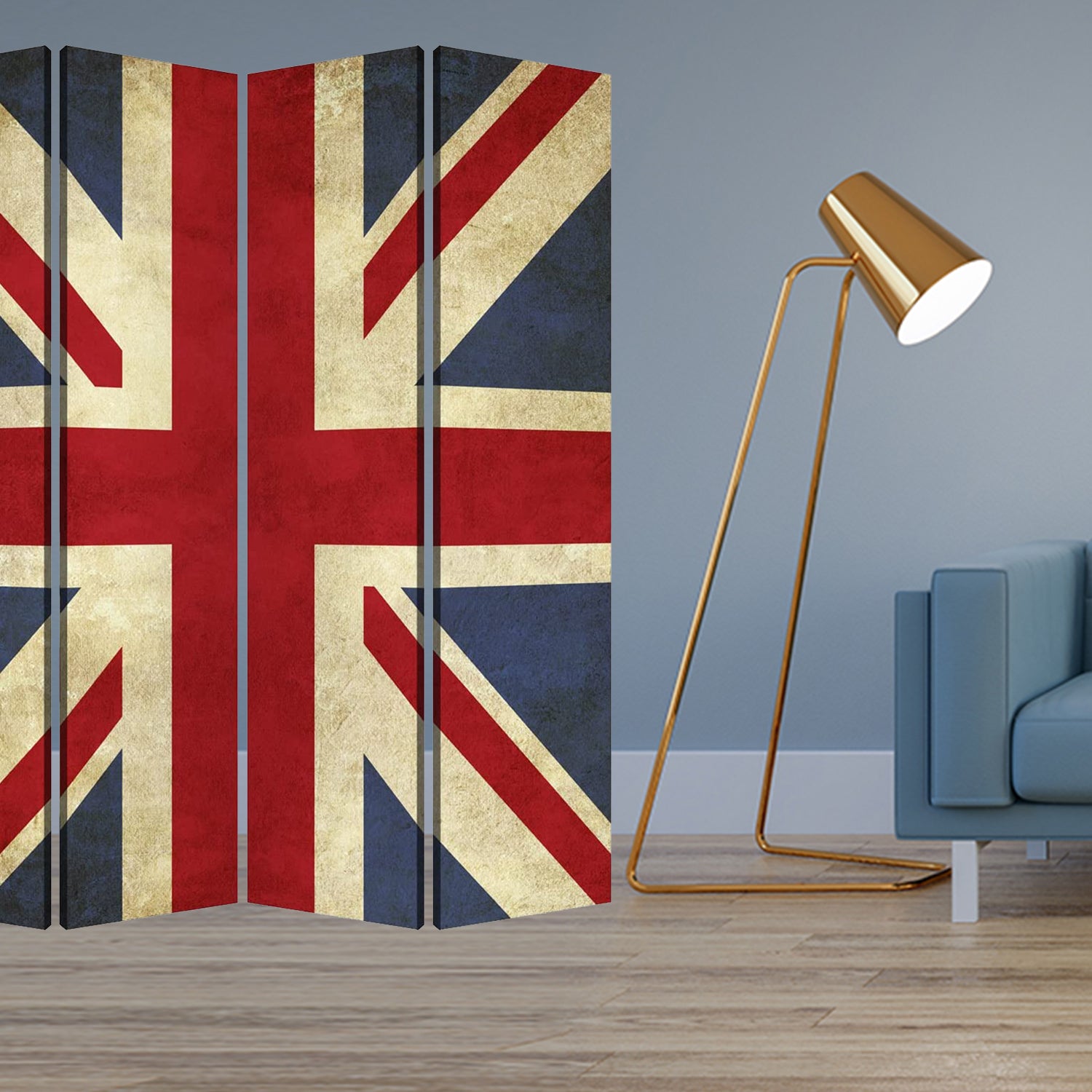 A vibrant 3-panel wood canvas screen featuring a colorful Union Jack design, perfect for room division and decoration.